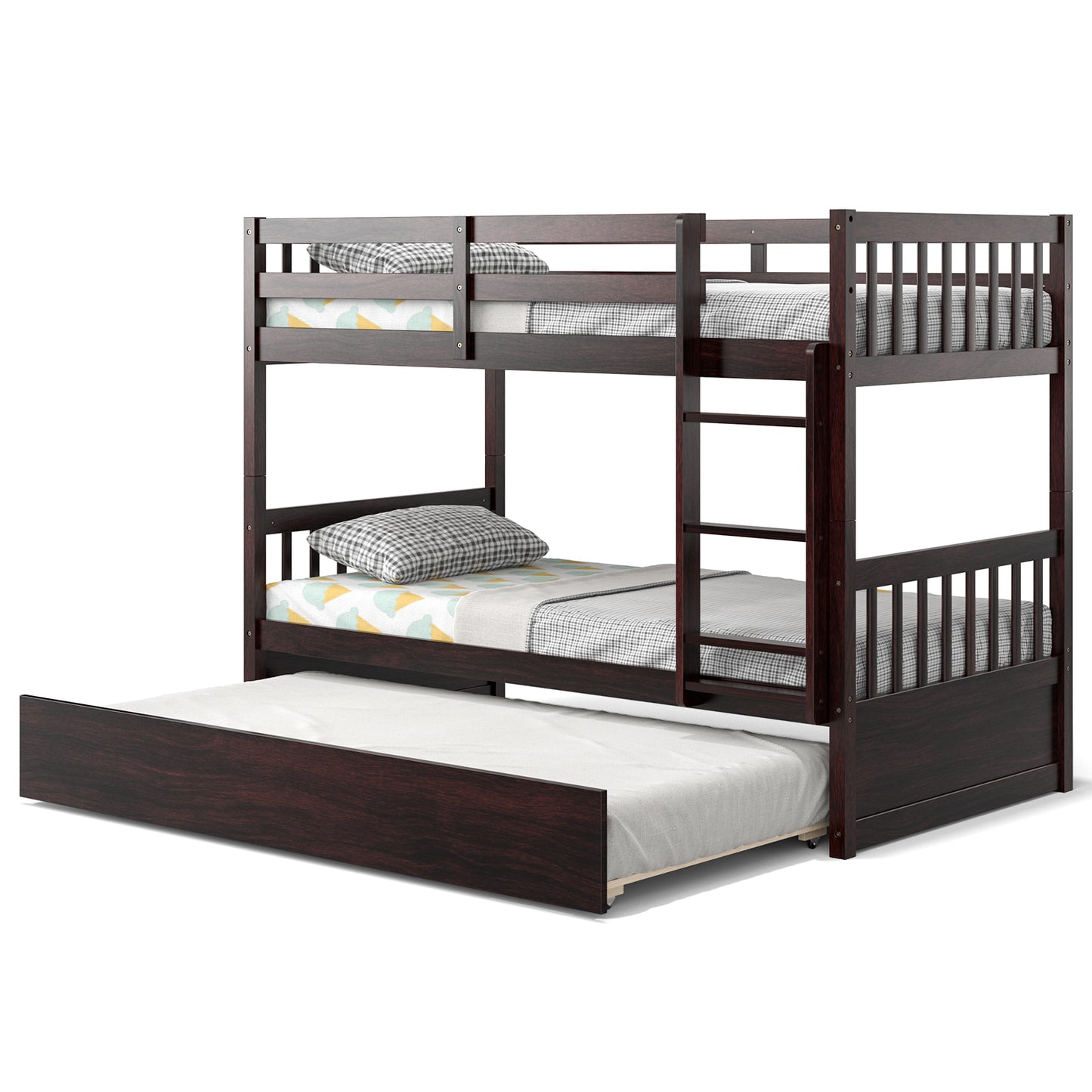 Twin Over Twin Bunk Bed with Pull-out Trundle and Ladder-Espresso Kids Crystal
