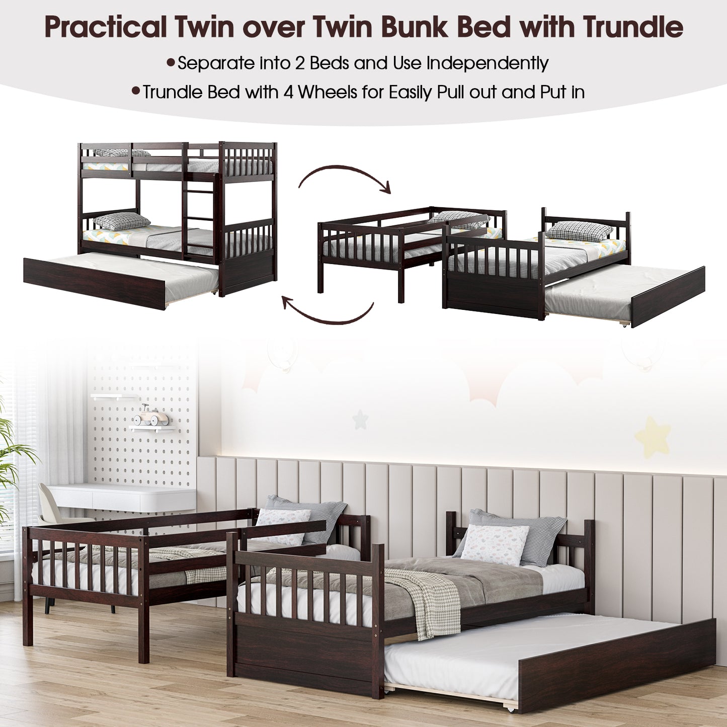 Twin Over Twin Bunk Bed with Pull-out Trundle and Ladder-Espresso Kids Crystal