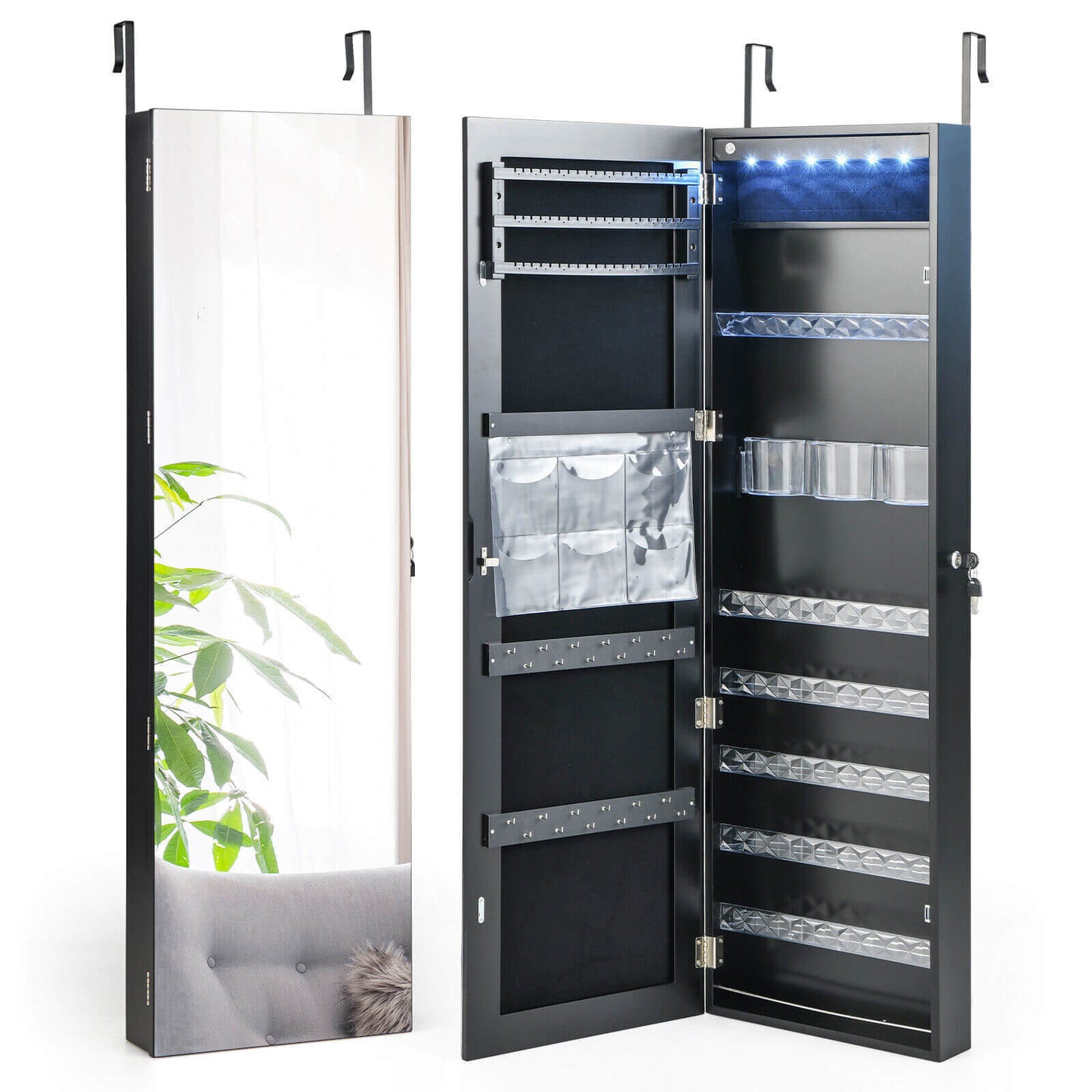 Wall Door Mounted Jewelry Armoire with Frameless LED Mirror-Black Kids Crystal