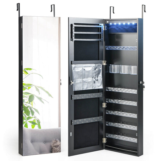 Wall Door Mounted Jewelry Armoire with Frameless LED Mirror-Black Kids Crystal