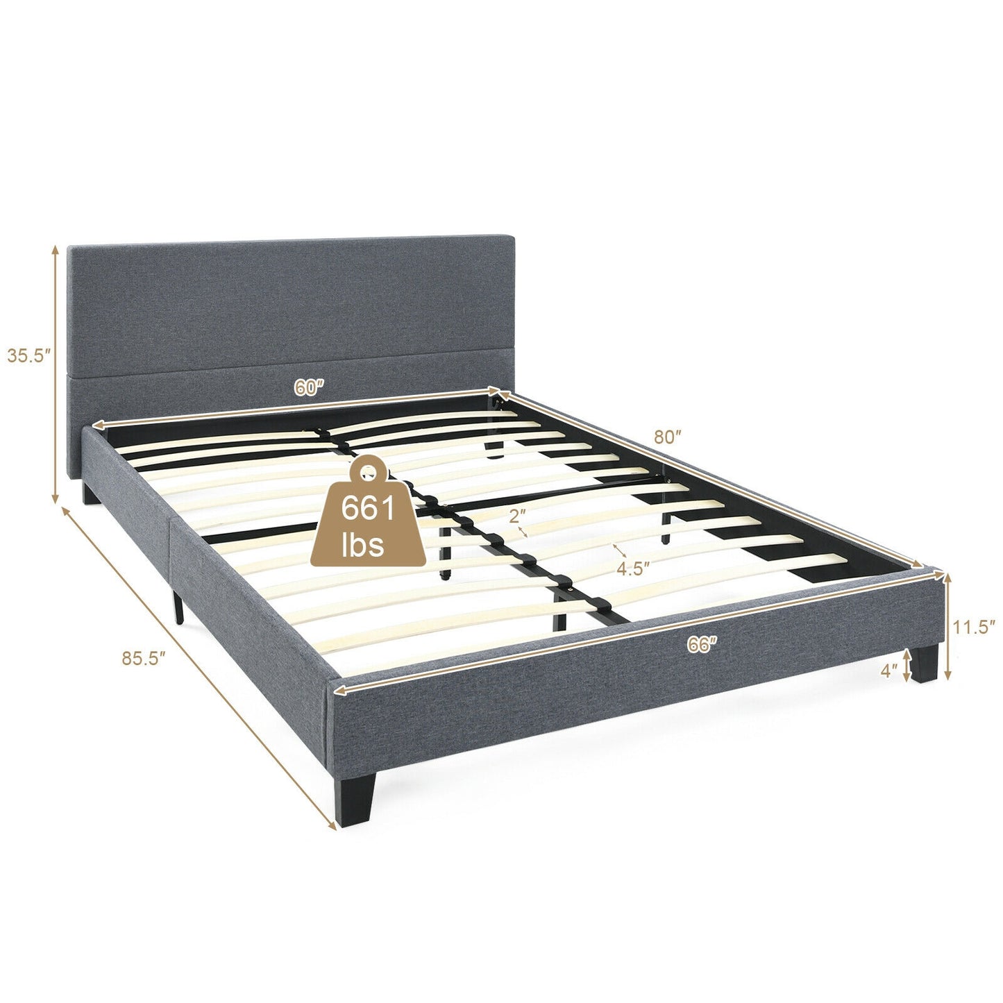 Upholstered Bed Frame Platform with Linen Headboard-Queen Size Kids Crystal