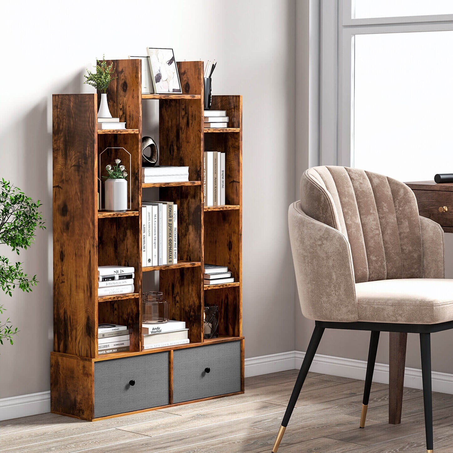 12-Tier Open-Back Freestanding Bookshelf with Drawer-Rustic Brown Kids Crystal