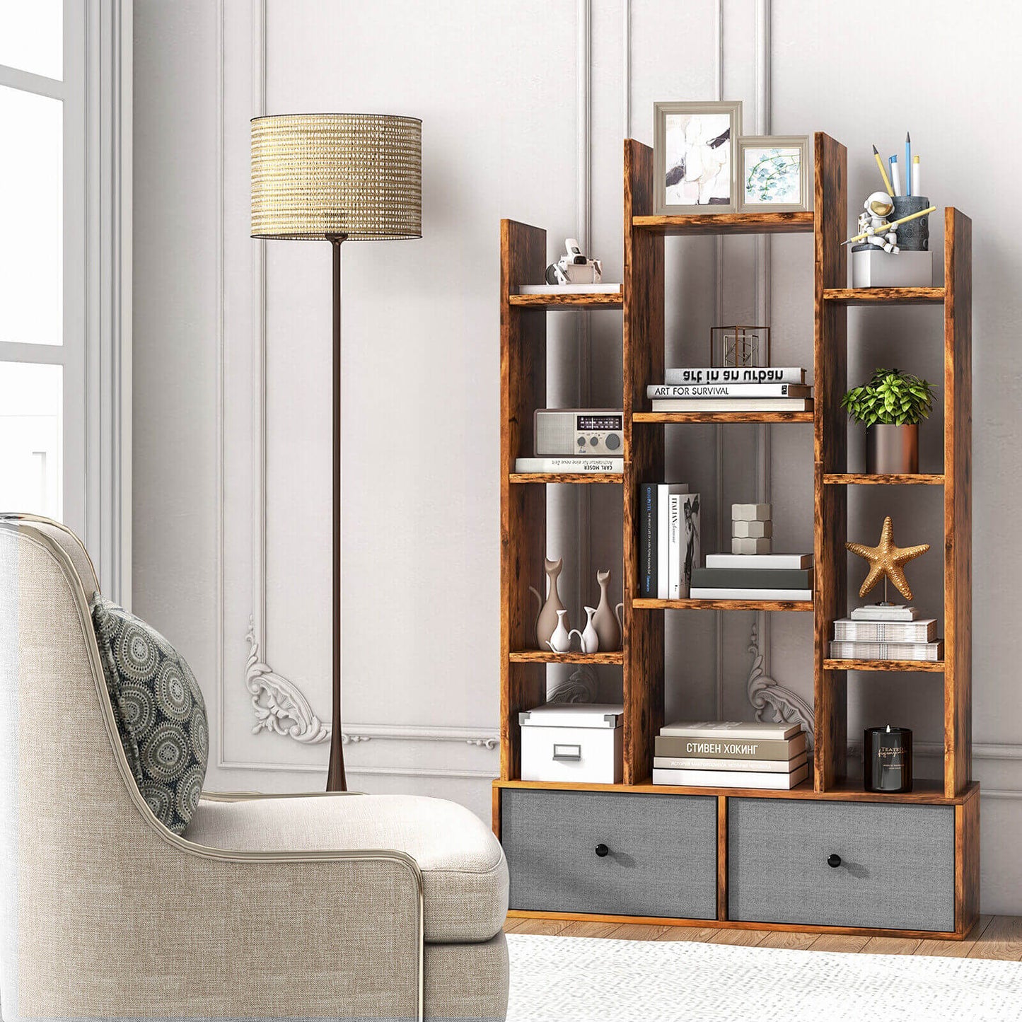 12-Tier Open-Back Freestanding Bookshelf with Drawer-Rustic Brown Kids Crystal