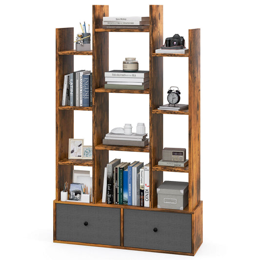 12-Tier Open-Back Freestanding Bookshelf with Drawer-Rustic Brown Kids Crystal