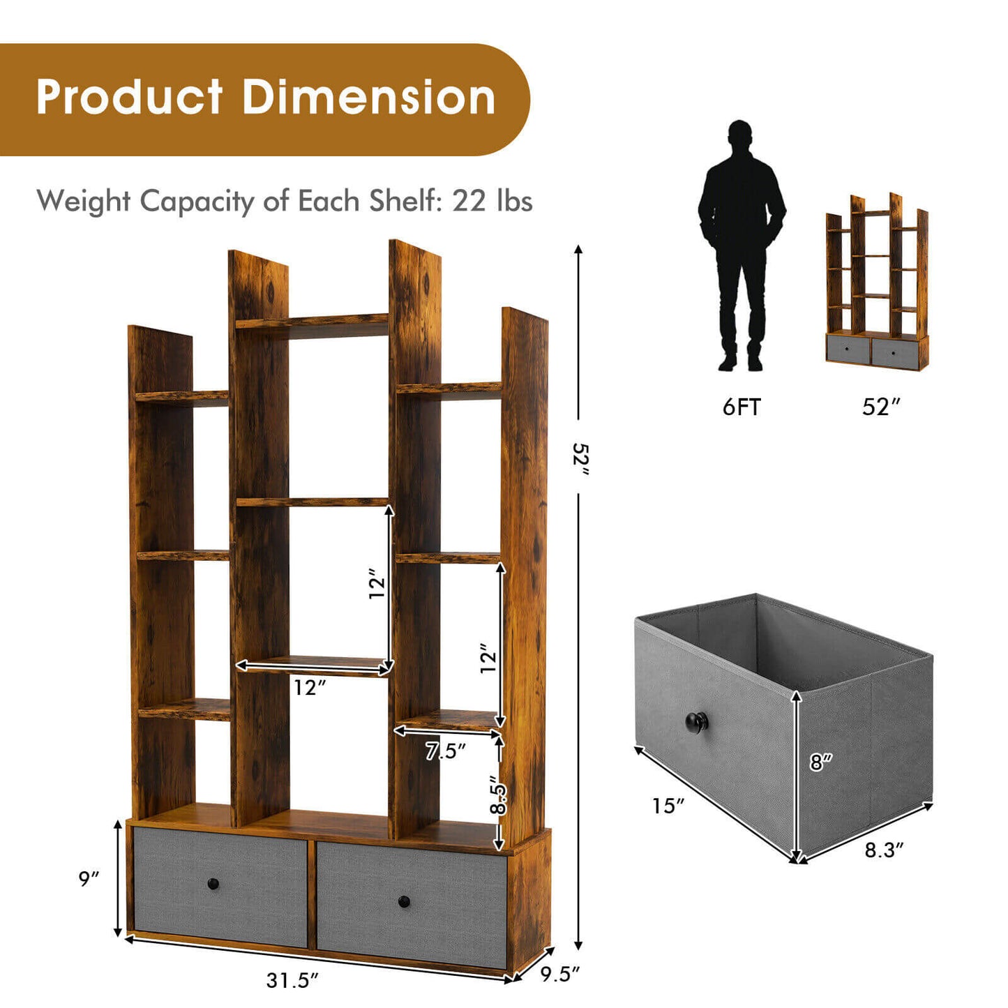 12-Tier Open-Back Freestanding Bookshelf with Drawer-Rustic Brown Kids Crystal