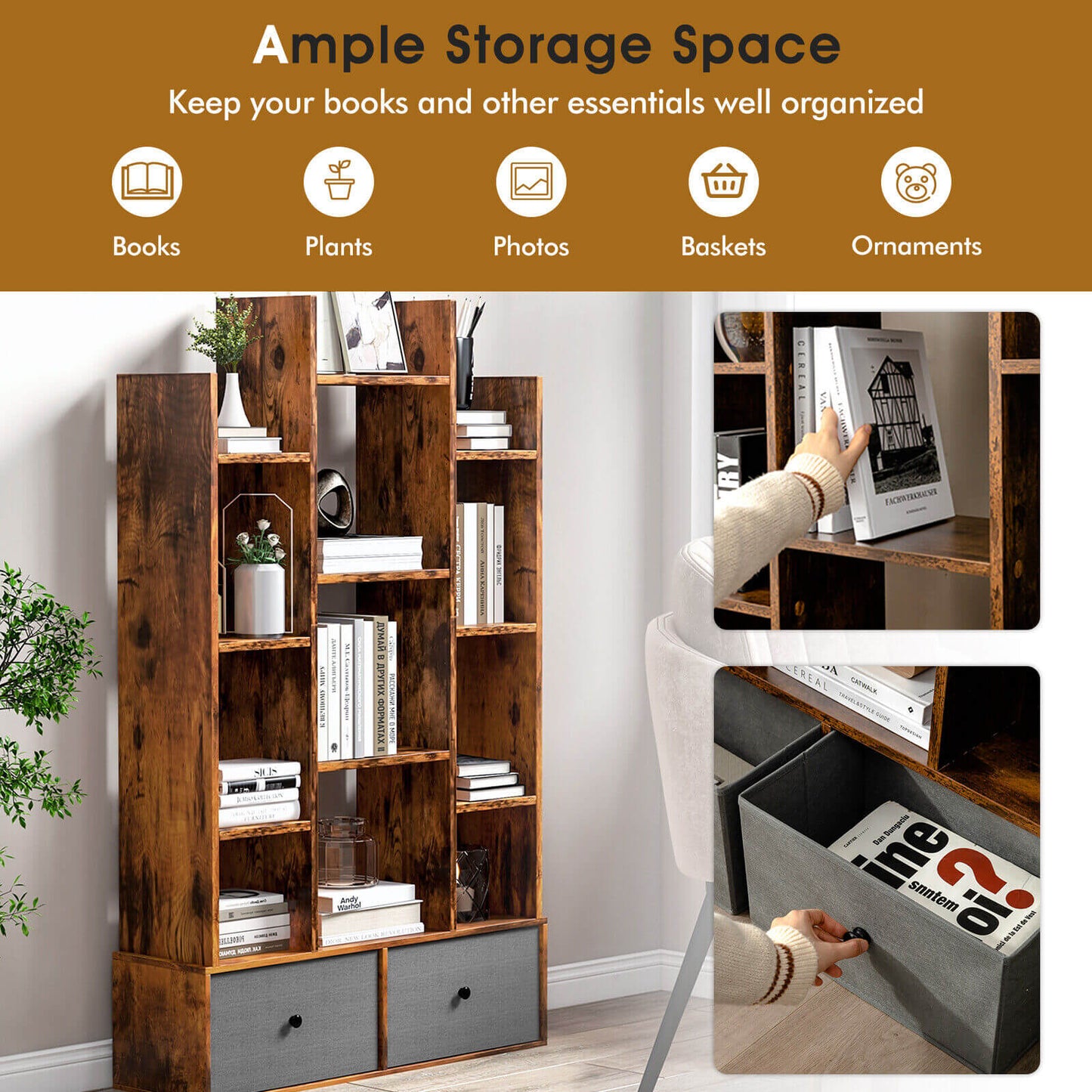 12-Tier Open-Back Freestanding Bookshelf with Drawer-Rustic Brown Kids Crystal