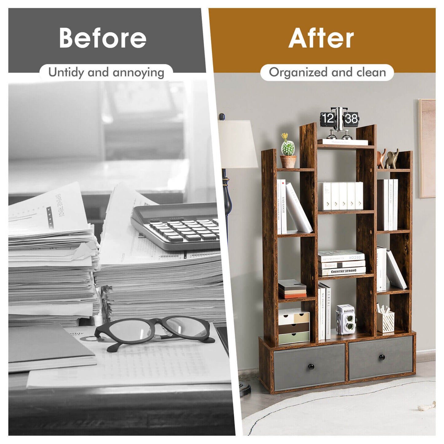 12-Tier Open-Back Freestanding Bookshelf with Drawer-Rustic Brown Kids Crystal