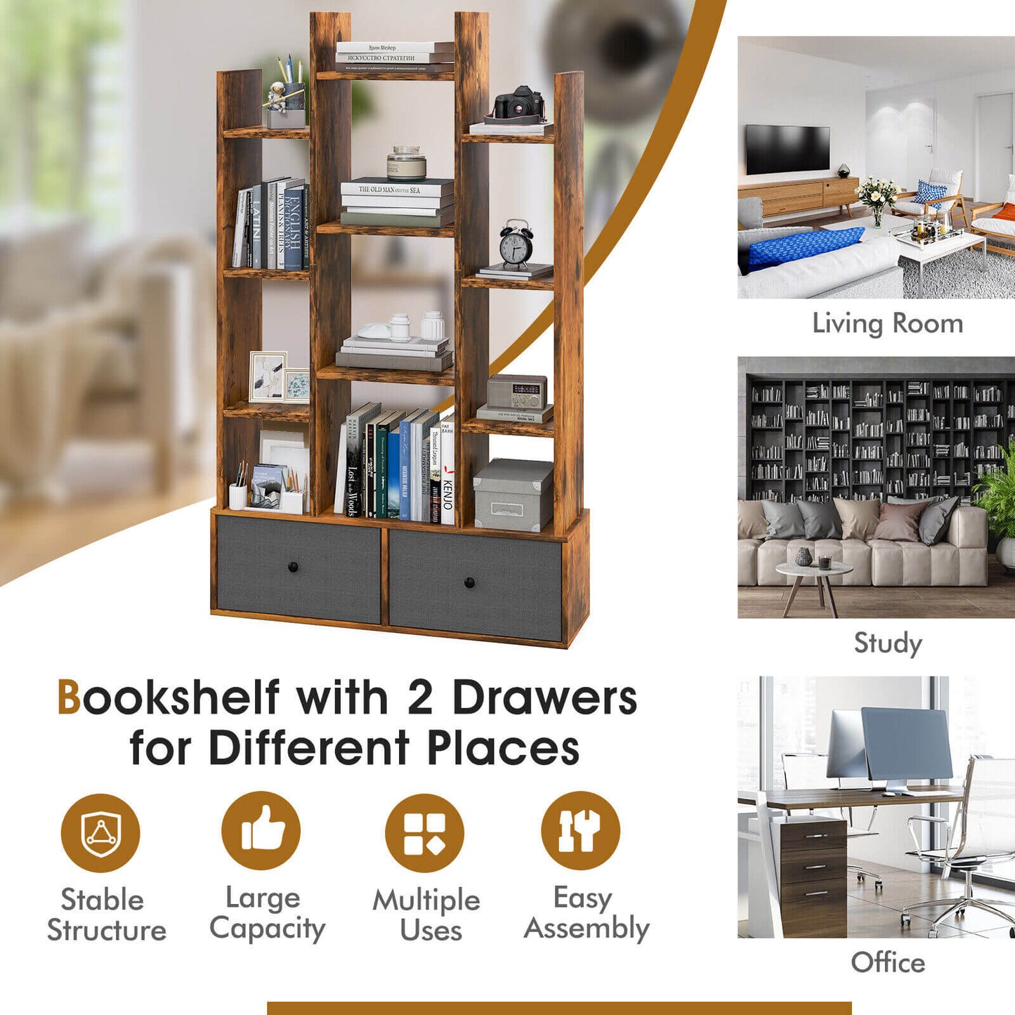 12-Tier Open-Back Freestanding Bookshelf with Drawer-Rustic Brown Kids Crystal