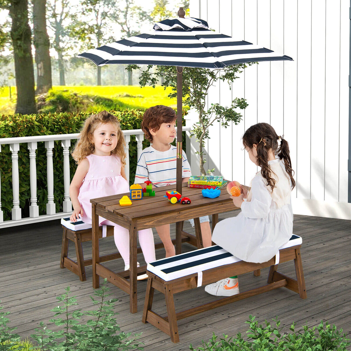 Kids Picnic Table and Bench Set with Cushions and Height Adjustable Umbrella-Blue Kids Crystal