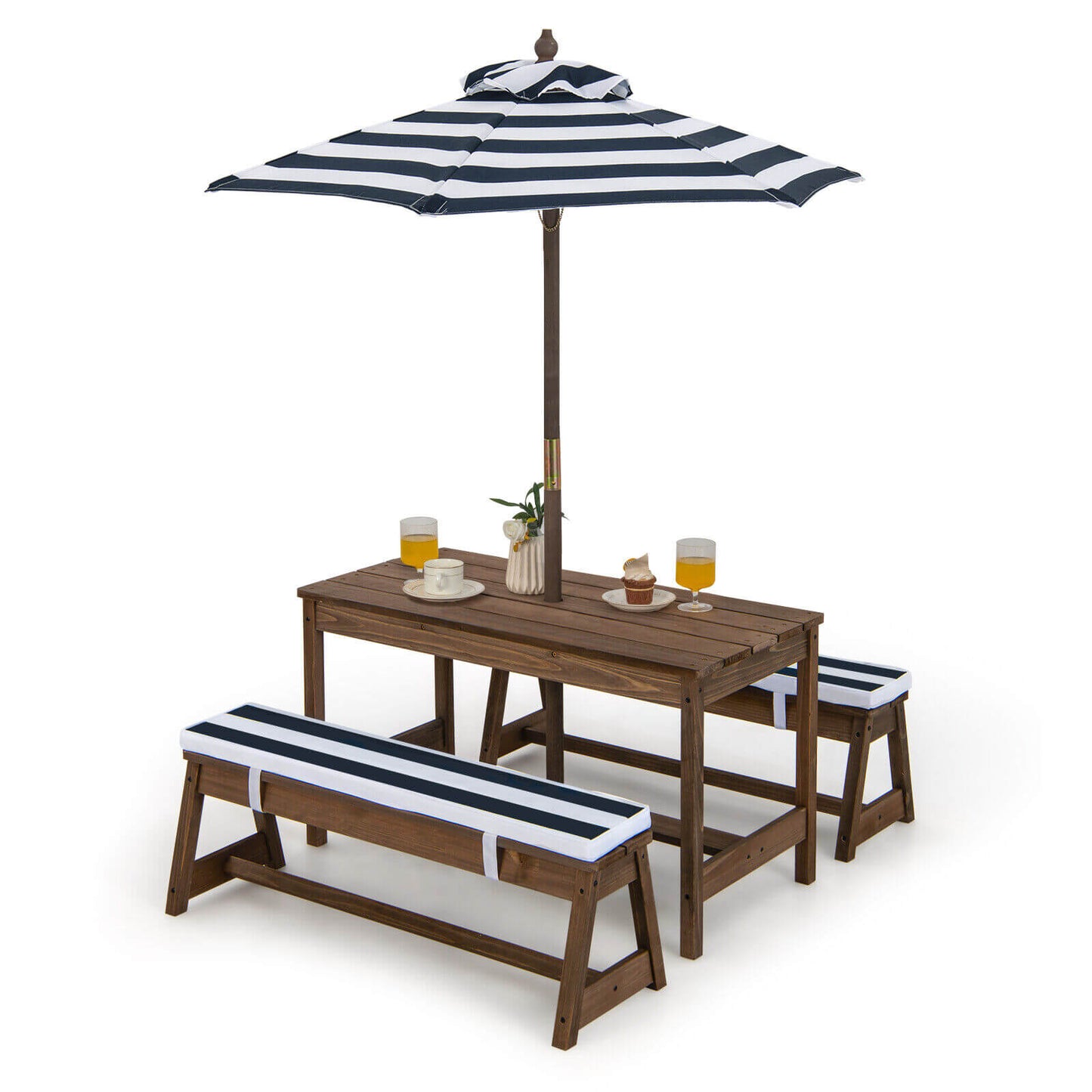 Kids Picnic Table and Bench Set with Cushions and Height Adjustable Umbrella-Blue Kids Crystal
