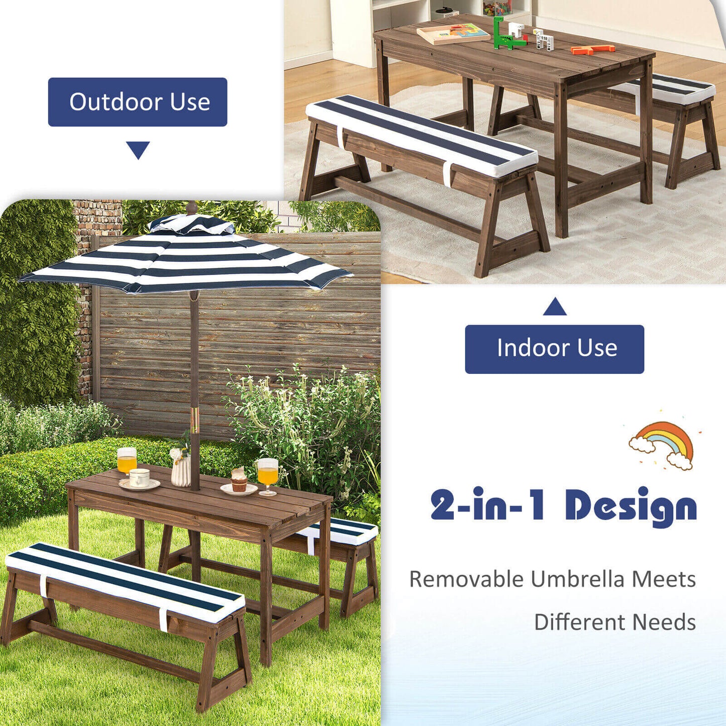Kids Picnic Table and Bench Set with Cushions and Height Adjustable Umbrella-Blue Kids Crystal