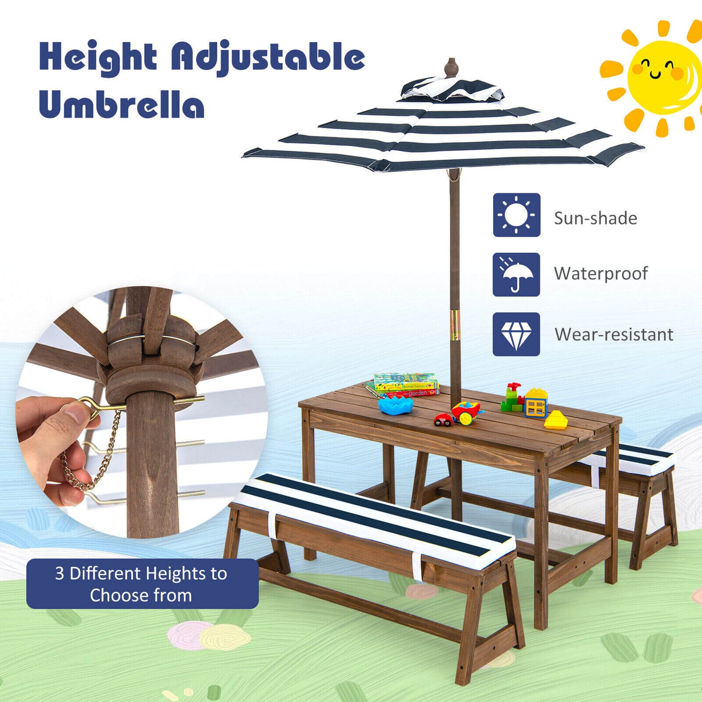 Kids Picnic Table and Bench Set with Cushions and Height Adjustable Umbrella-Blue Kids Crystal