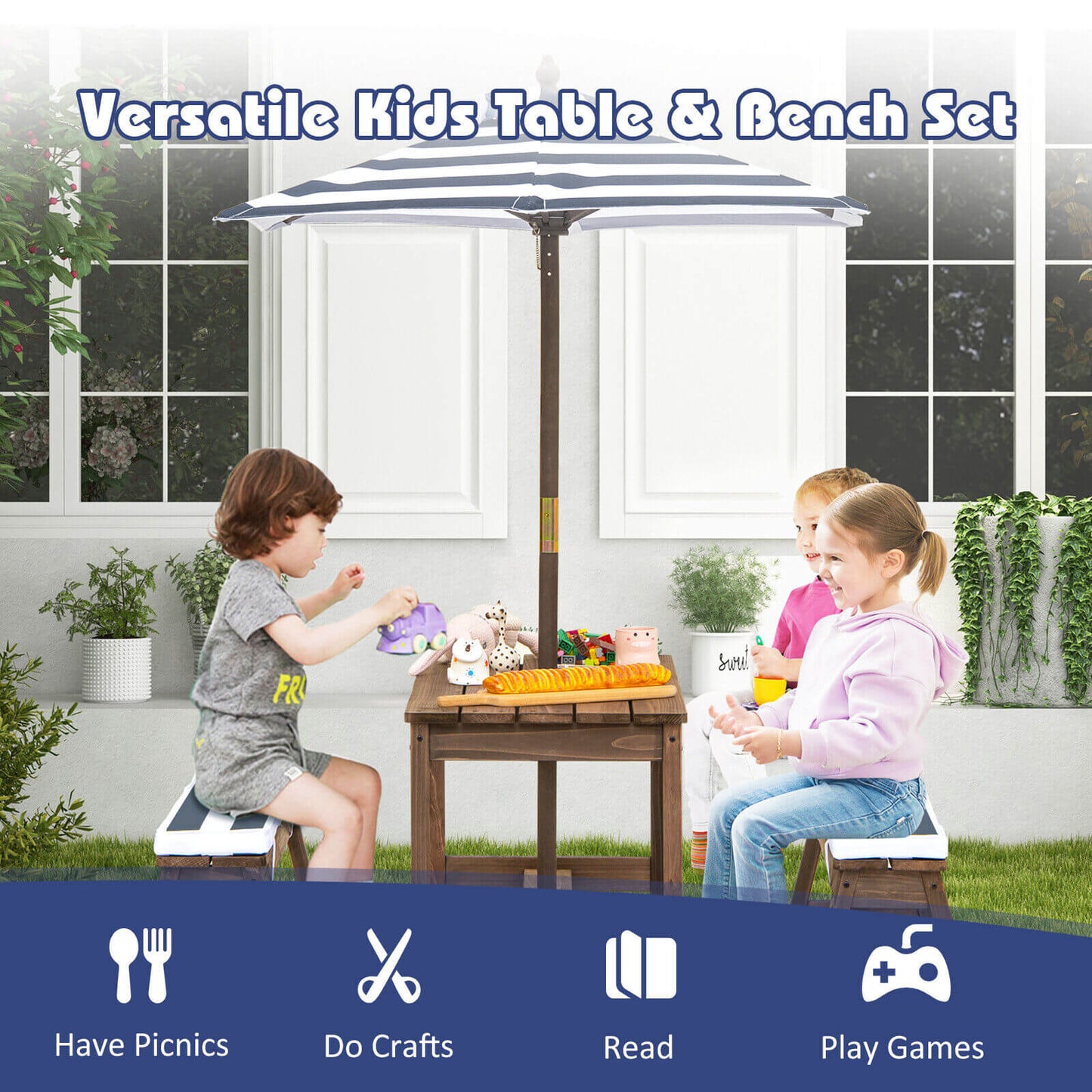 Kids Picnic Table and Bench Set with Cushions and Height Adjustable Umbrella-Blue Kids Crystal