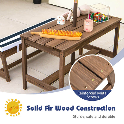Kids Picnic Table and Bench Set with Cushions and Height Adjustable Umbrella-Blue