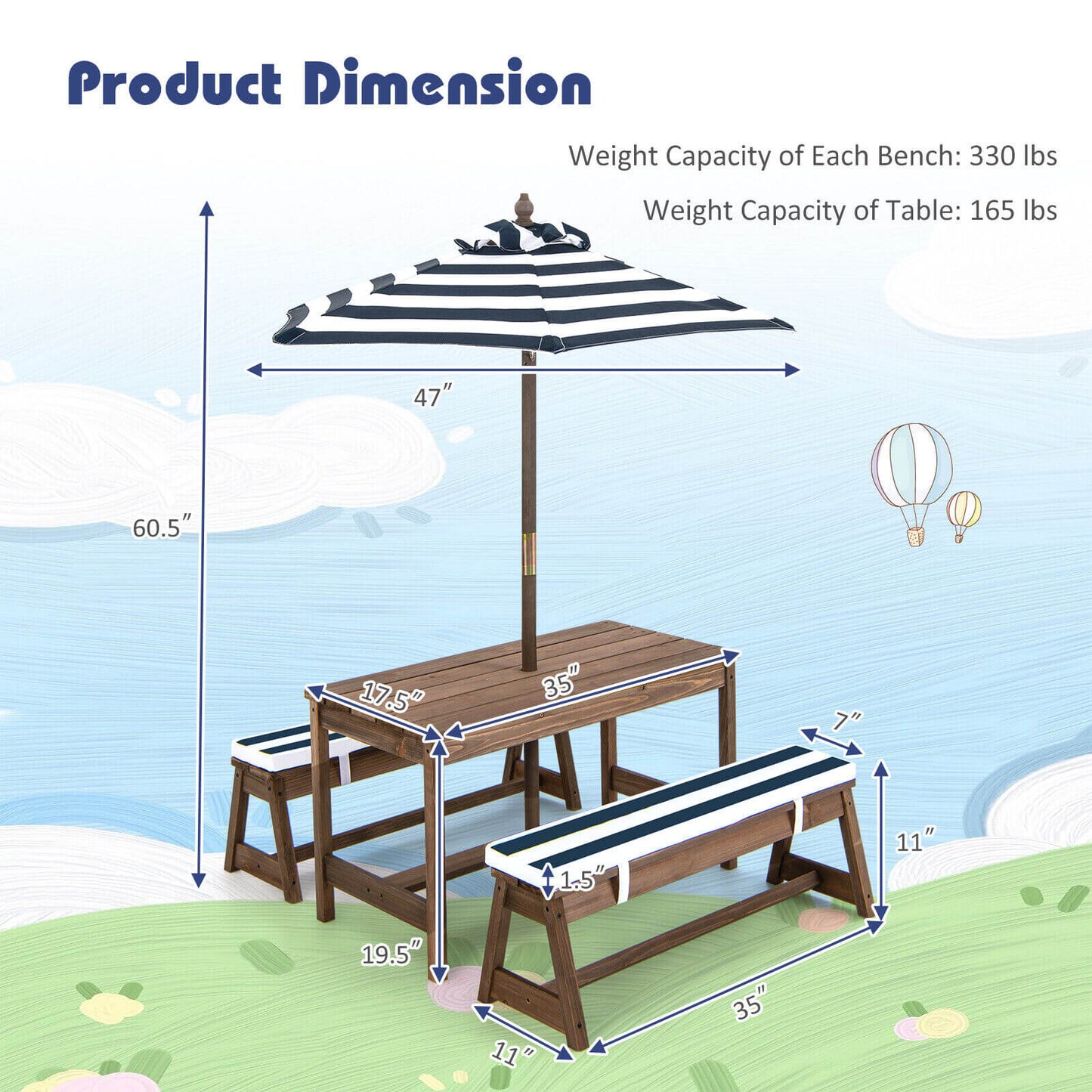 Kids Picnic Table and Bench Set with Cushions and Height Adjustable Umbrella-Blue Kids Crystal