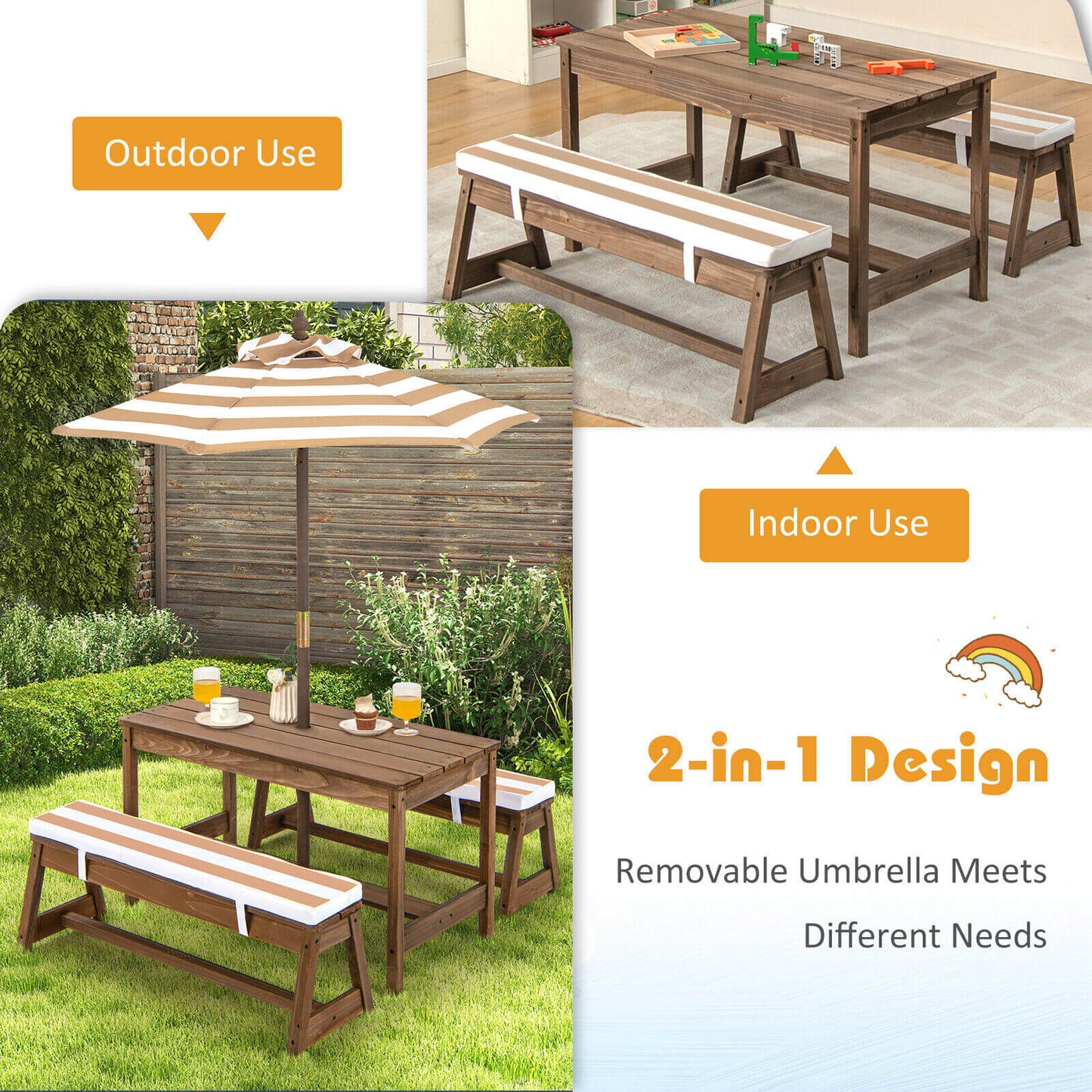 Kids Picnic Table and Bench Set with Cushions and Height Adjustable Umbrella-Brown Kids Crystal