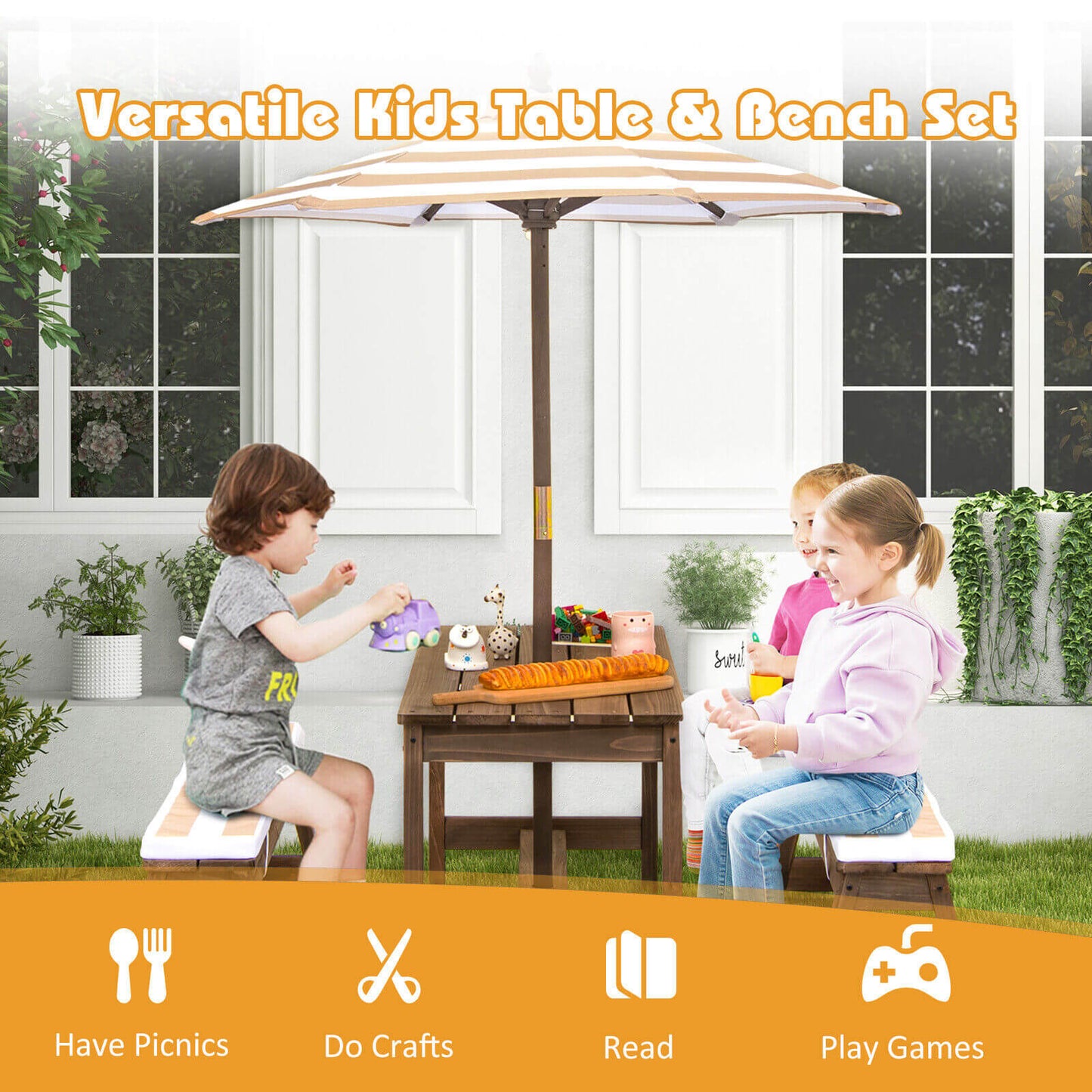 Kids Picnic Table and Bench Set with Cushions and Height Adjustable Umbrella-Brown Kids Crystal