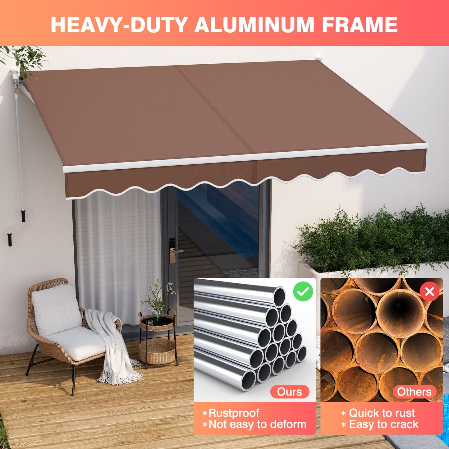 8 x 6.6 Feet Patio Retractable Awning withManual Crank Handle-Coffee Kids Crystal