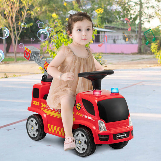 Kids Push Ride On Fire Truck with Ladder Bubble Maker and Headlights-Red Kids Crystal