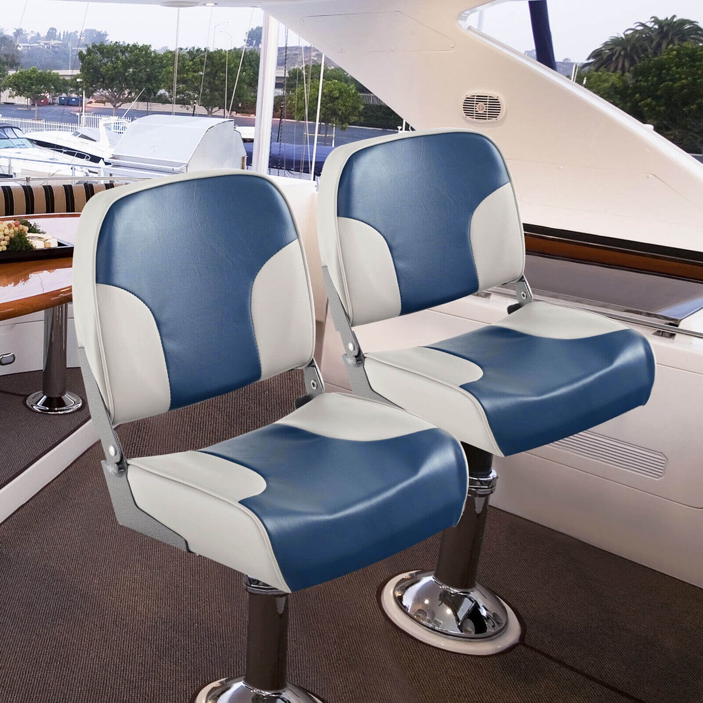 2 Pieces Low Back Boat Seat Set with Sponge Padding and Aluminum Hinges-Blue Kids Crystal