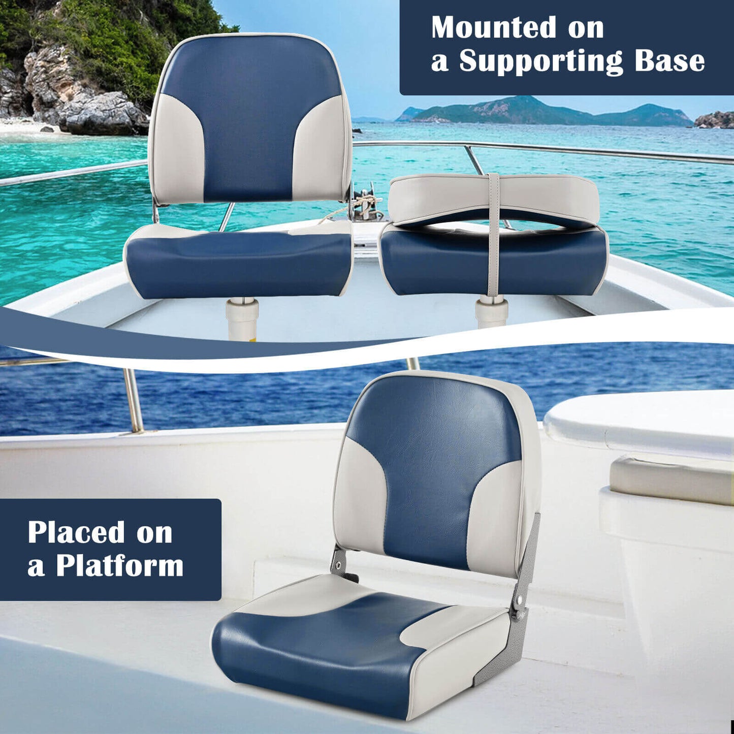 2 Pieces Low Back Boat Seat Set with Sponge Padding and Aluminum Hinges-Blue Kids Crystal