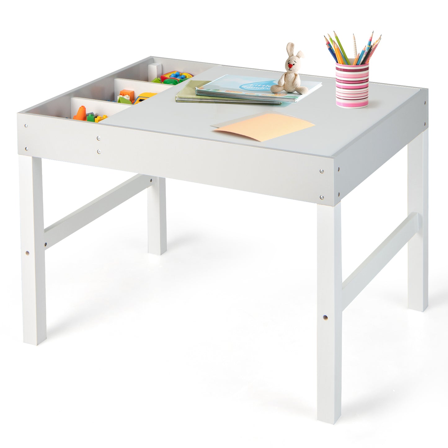 3 in 1 Wooden Kids Table with Storage and Double-Sided Tabletop-White Kids Crystal