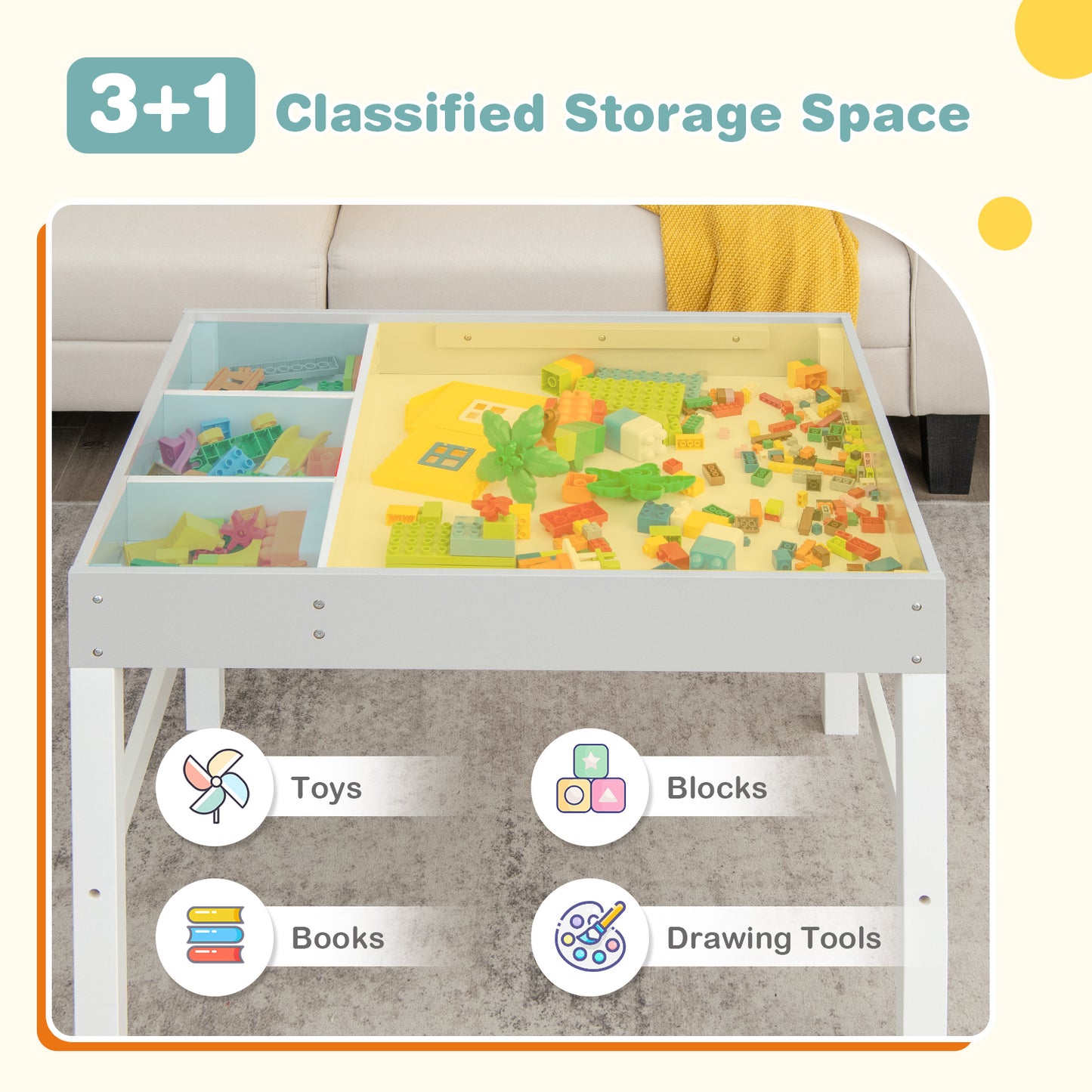 3 in 1 Wooden Kids Table with Storage and Double-Sided Tabletop-White Kids Crystal