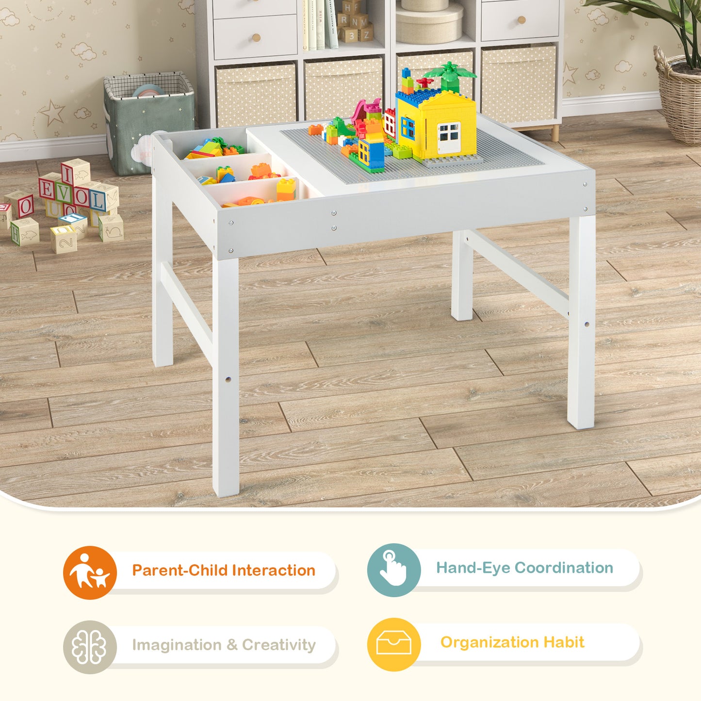 3 in 1 Wooden Kids Table with Storage and Double-Sided Tabletop-White Kids Crystal