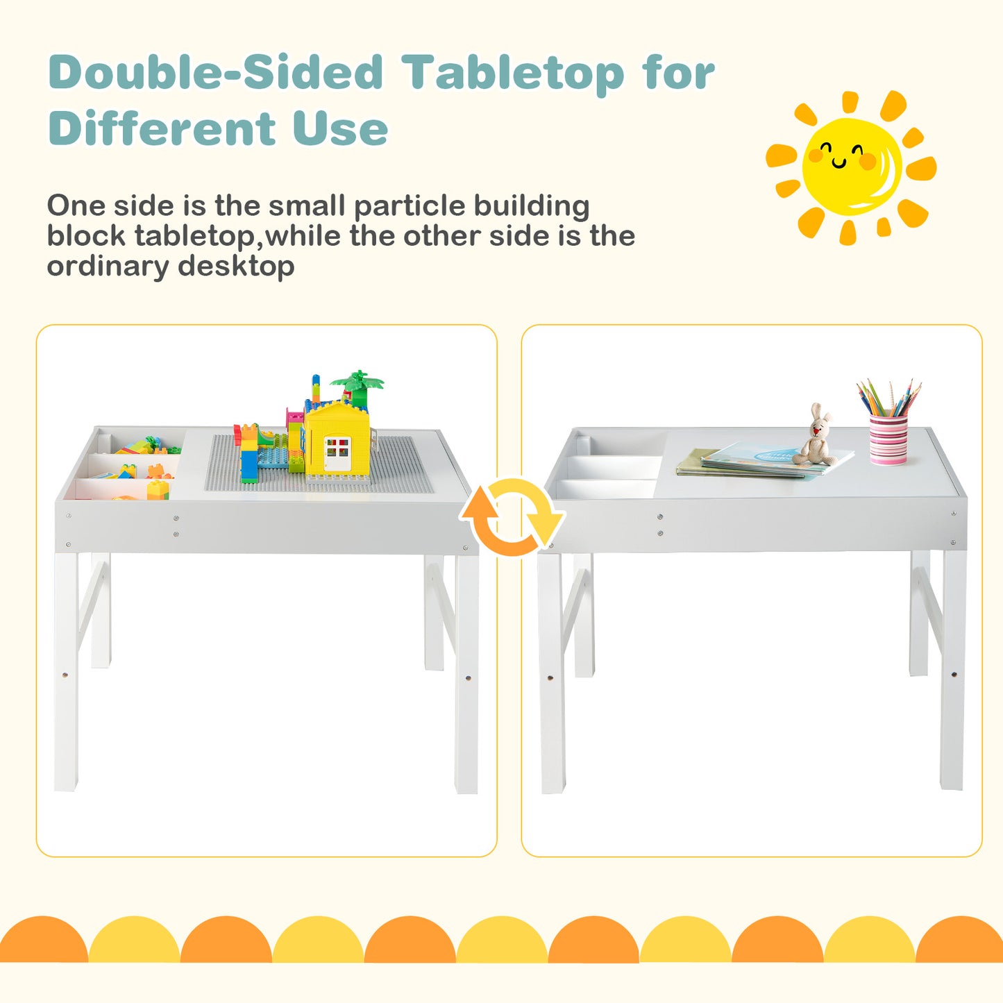 3 in 1 Wooden Kids Table with Storage and Double-Sided Tabletop-White Kids Crystal