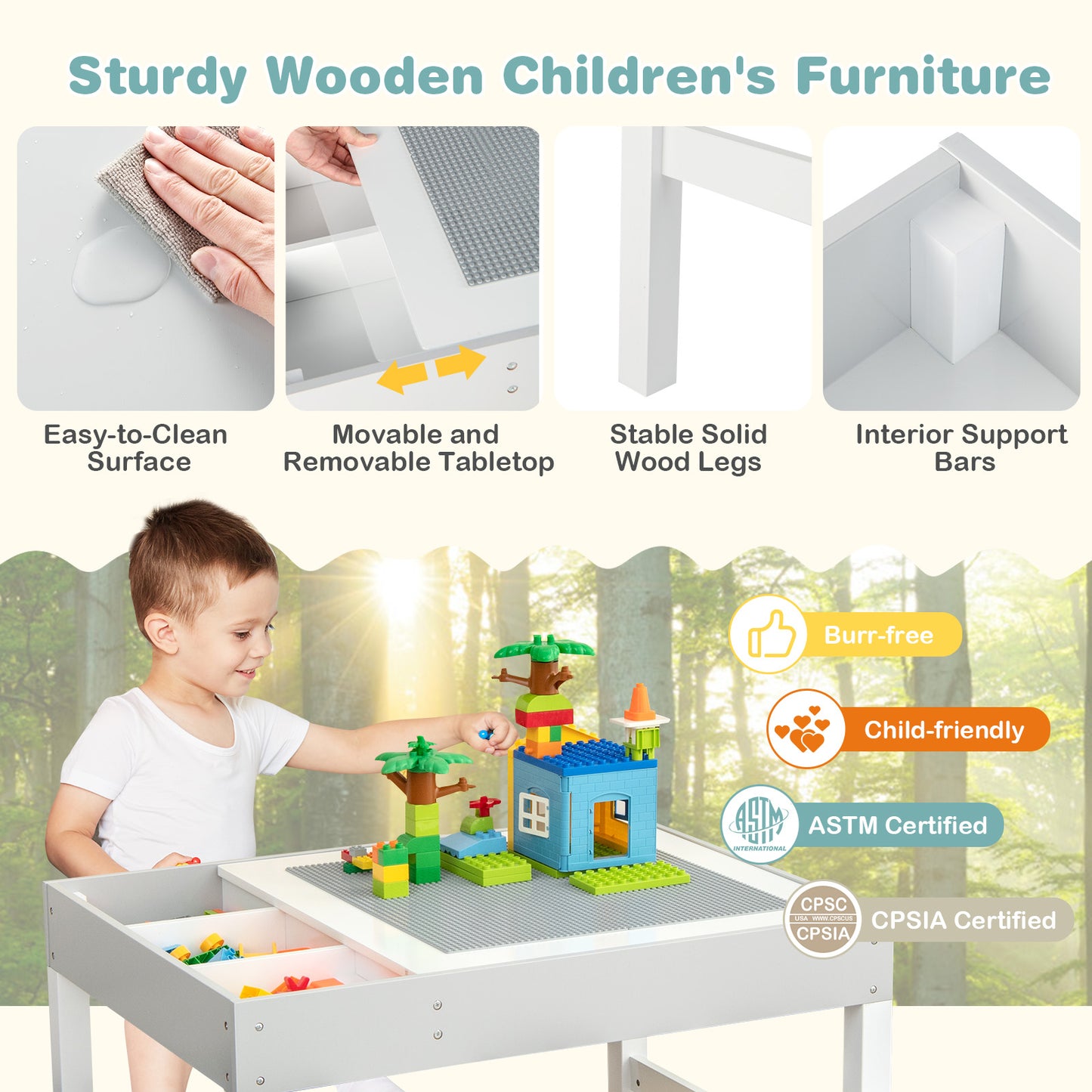 3 in 1 Wooden Kids Table with Storage and Double-Sided Tabletop-White Kids Crystal