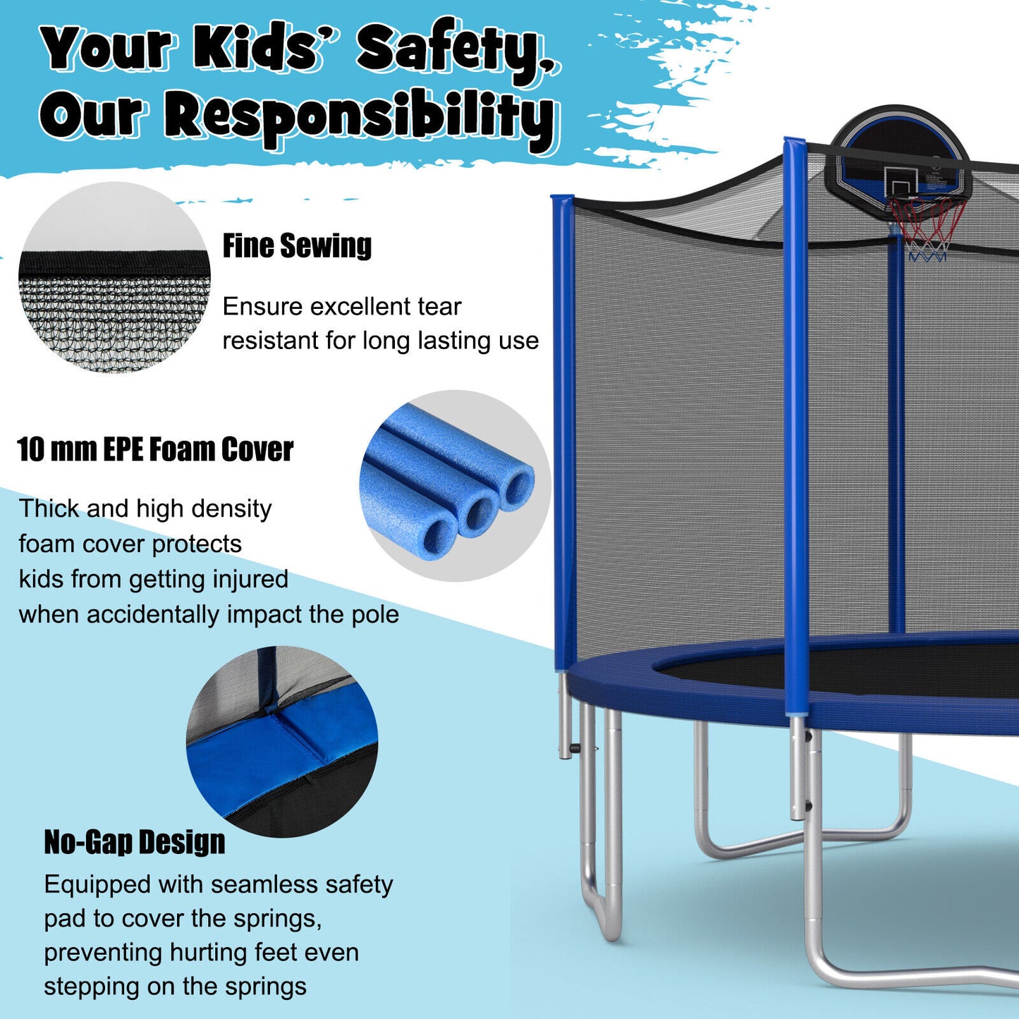 12/14/15/16 Feet Outdoor Recreational Trampoline with Enclosure Net-16 ft Kids Crystal