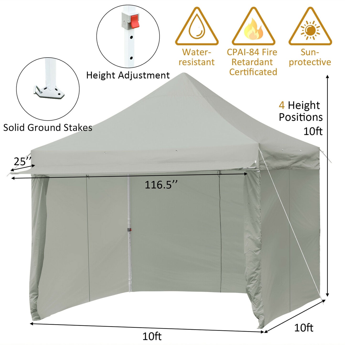 10 x 10 Feet Pop up Gazebo with 4 Height and Adjust Folding Awning-Gray Kids Crystal