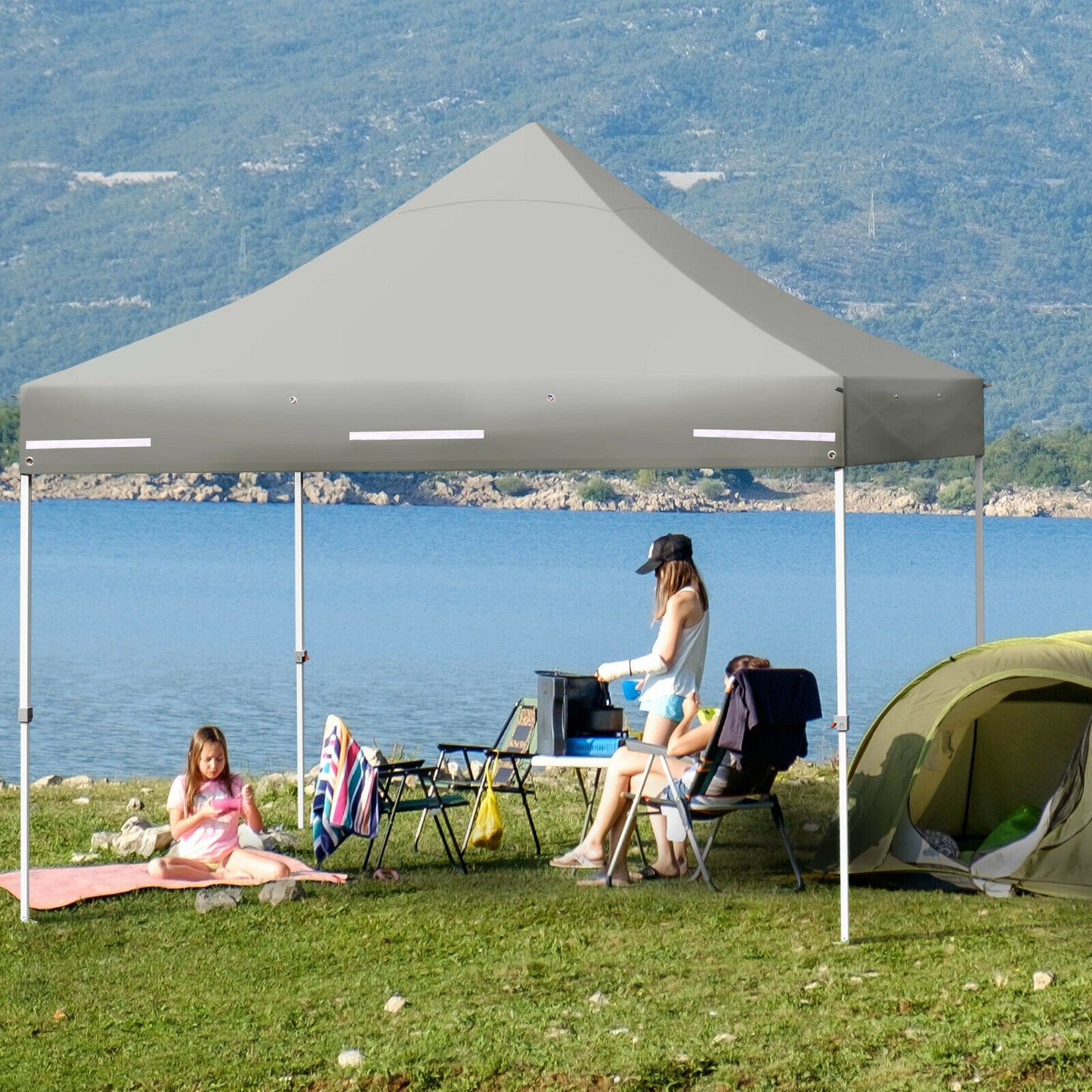 10 x 10 Feet Pop up Gazebo with 4 Height and Adjust Folding Awning-Gray Kids Crystal