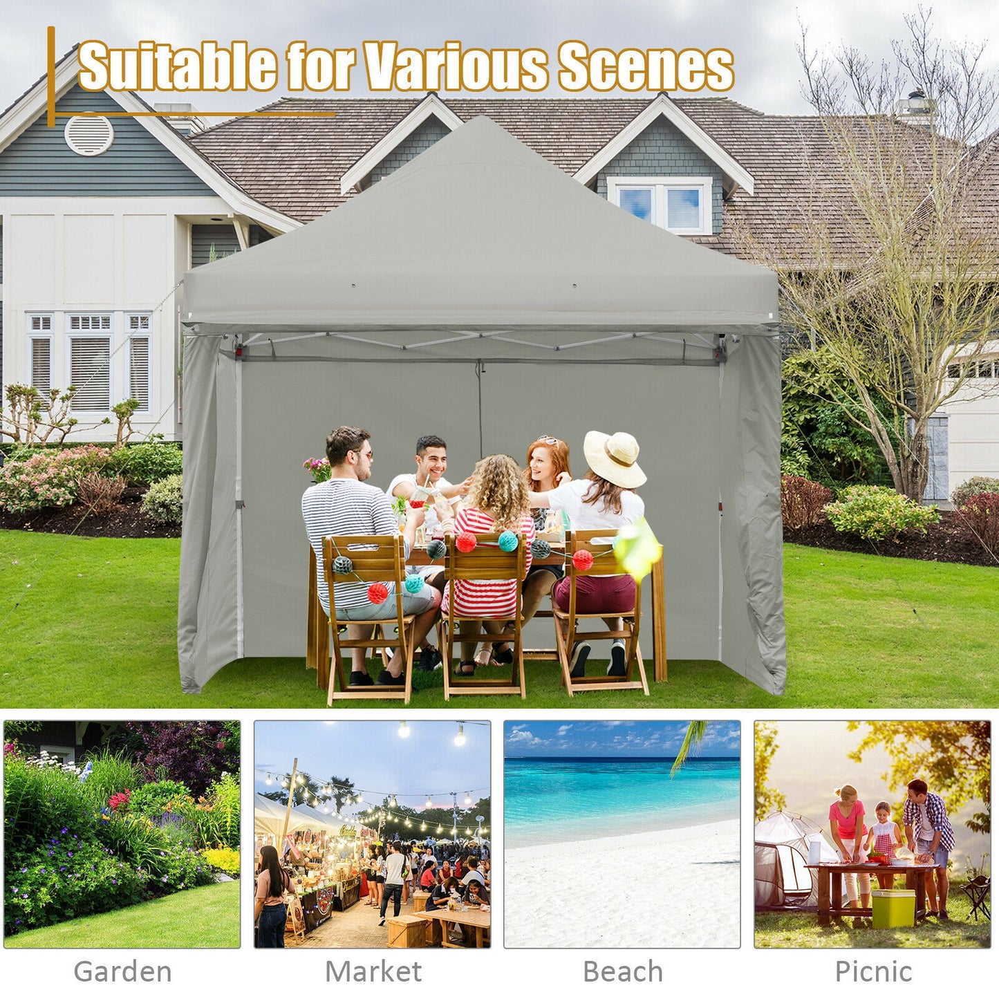 10 x 10 Feet Pop up Gazebo with 4 Height and Adjust Folding Awning-Gray Kids Crystal