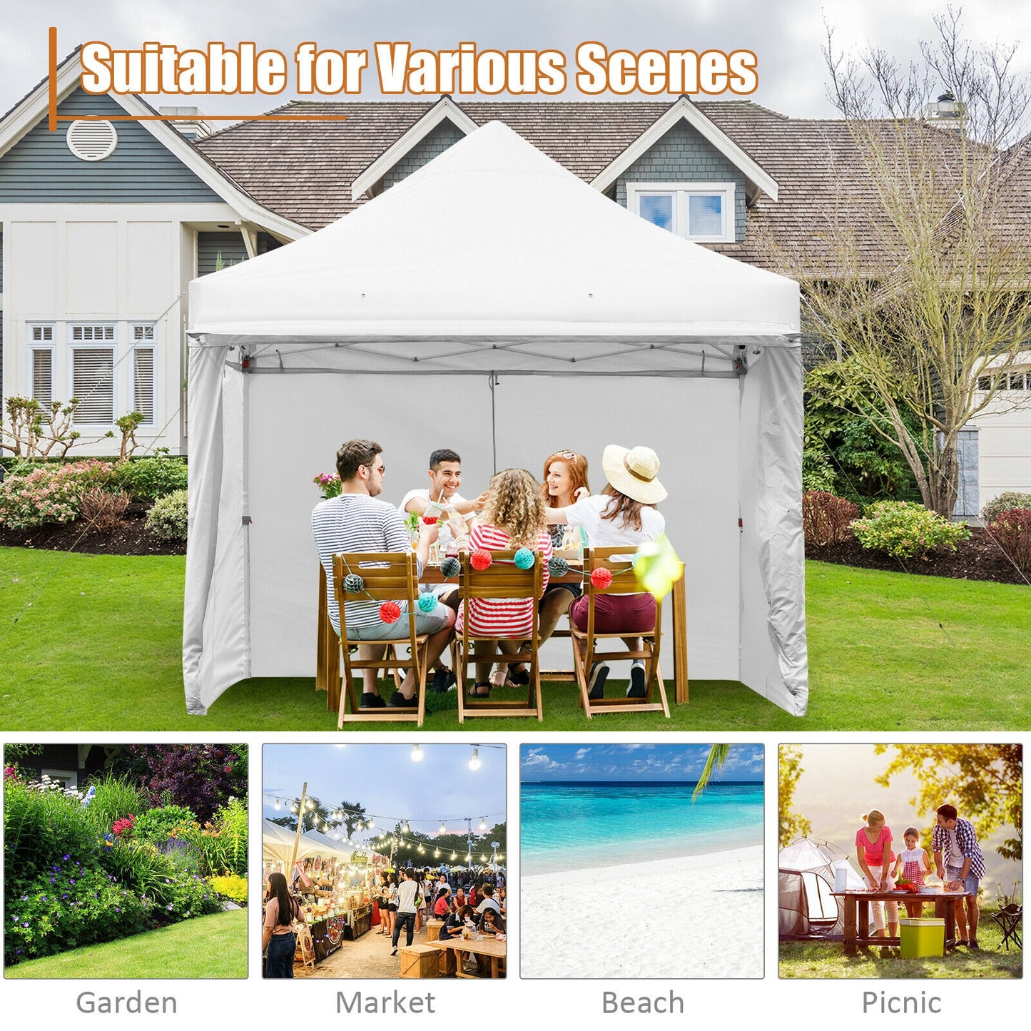 10 x 10 Feet Pop up Gazebo with 4 Height and Adjust Folding Awning-White Kids Crystal