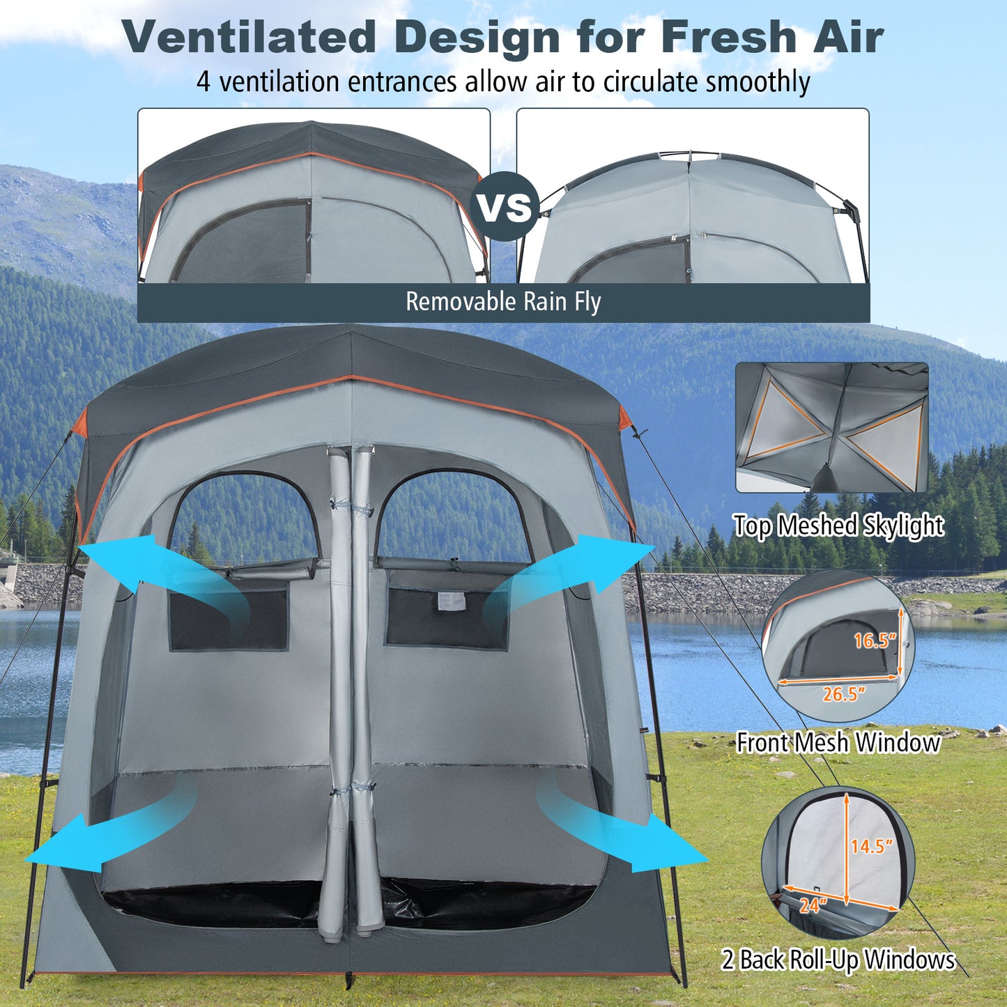 2 Rooms Oversize Privacy Shower Tent with Removable Rain Fly and Inside Pocket-Gray Kids Crystal
