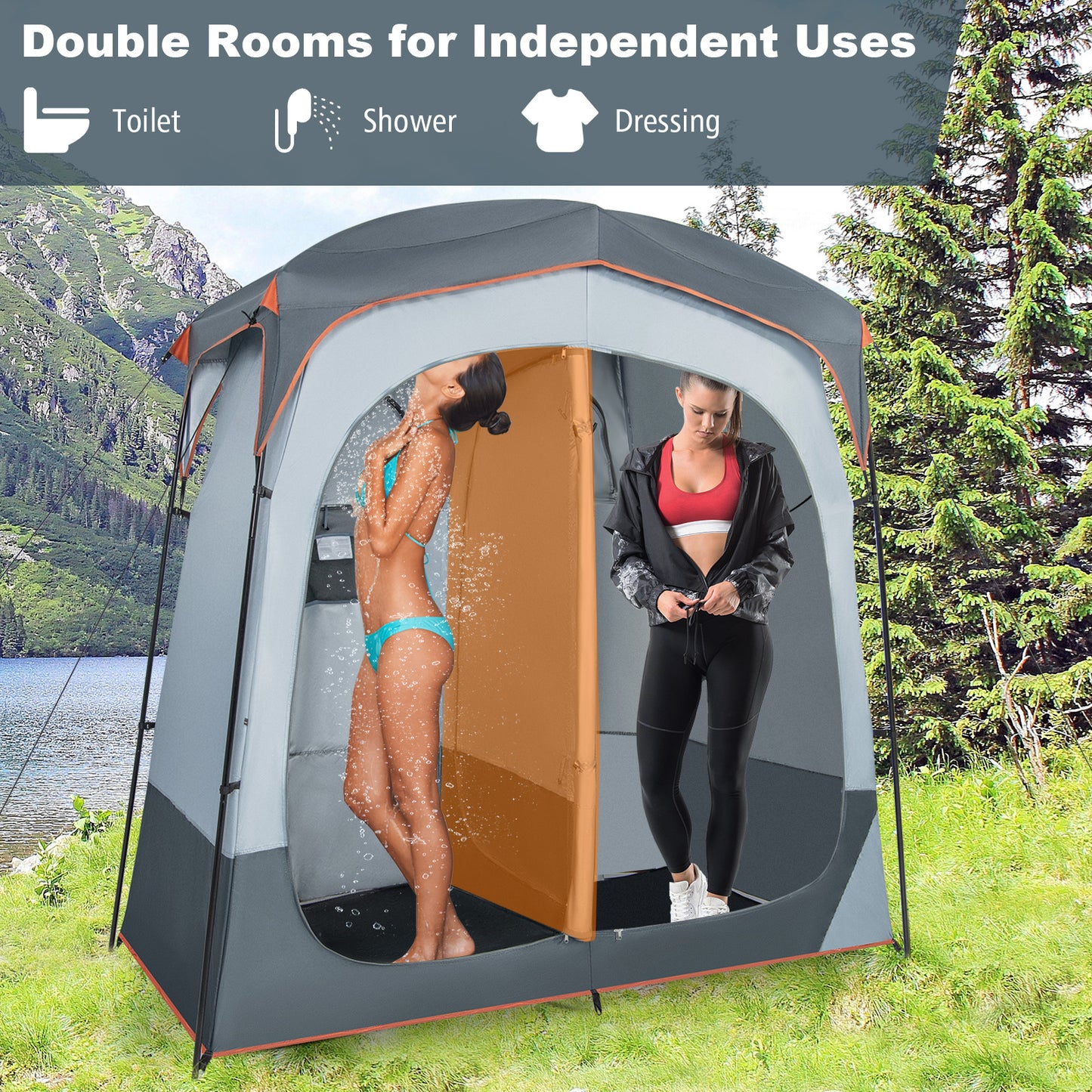 2 Rooms Oversize Privacy Shower Tent with Removable Rain Fly and Inside Pocket-Gray Kids Crystal
