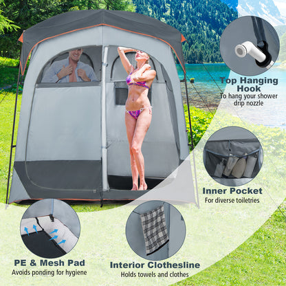 2 Rooms Oversize Privacy Shower Tent with Removable Rain Fly and Inside Pocket-Gray