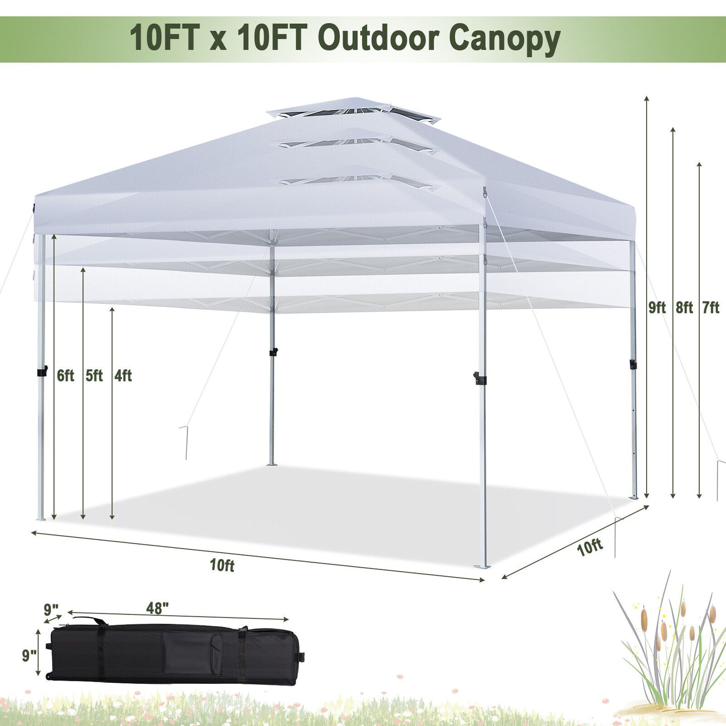2-Tier 10 x 10 Feet Pop-up Canopy Tent with Wheeled Carry Bag-White Kids Crystal