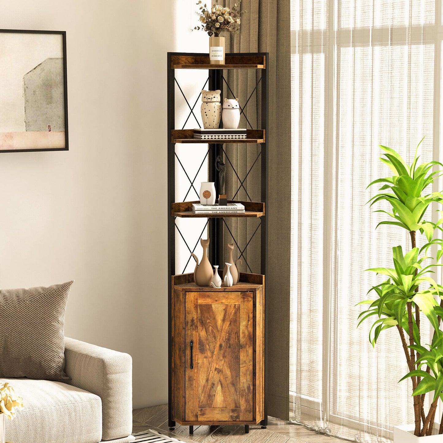 Tall Corner Storage Cabinet with 3-Tier Shelf and Enclosed Cabinet-Rustic Brown Kids Crystal