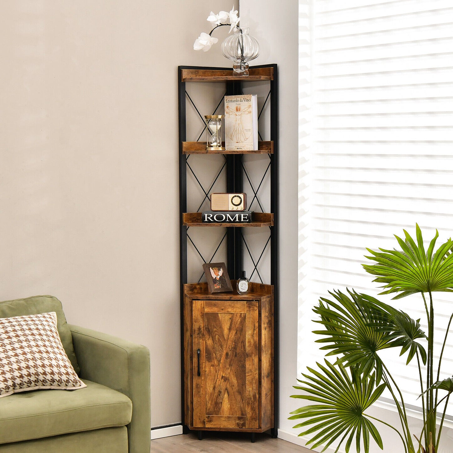 Tall Corner Storage Cabinet with 3-Tier Shelf and Enclosed Cabinet-Rustic Brown Kids Crystal