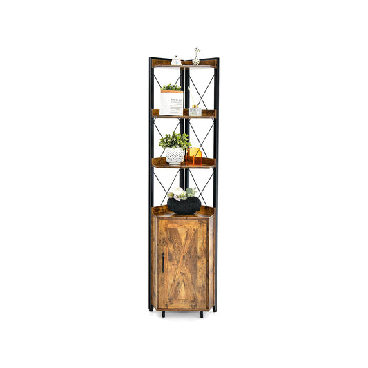 Tall Corner Storage Cabinet with 3-Tier Shelf and Enclosed Cabinet-Rustic Brown Kids Crystal
