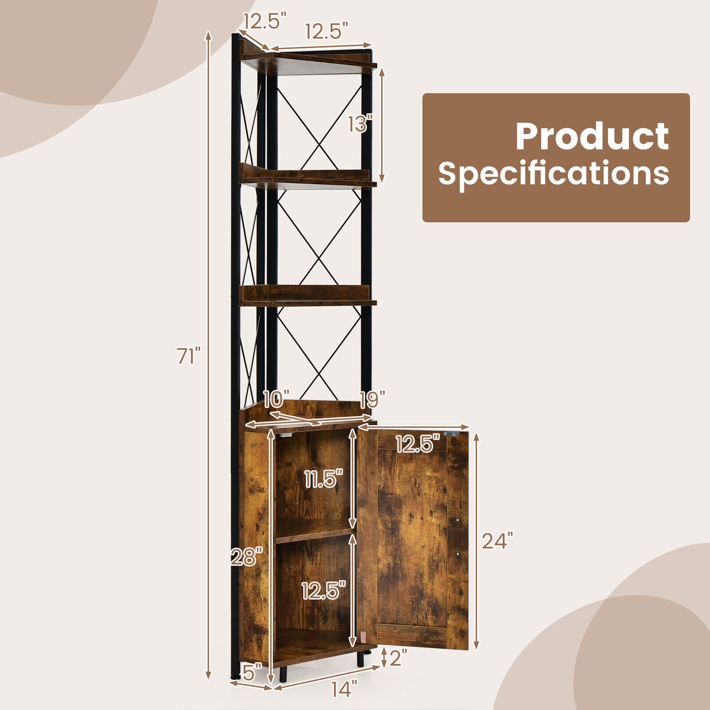 Tall Corner Storage Cabinet with 3-Tier Shelf and Enclosed Cabinet-Rustic Brown Kids Crystal