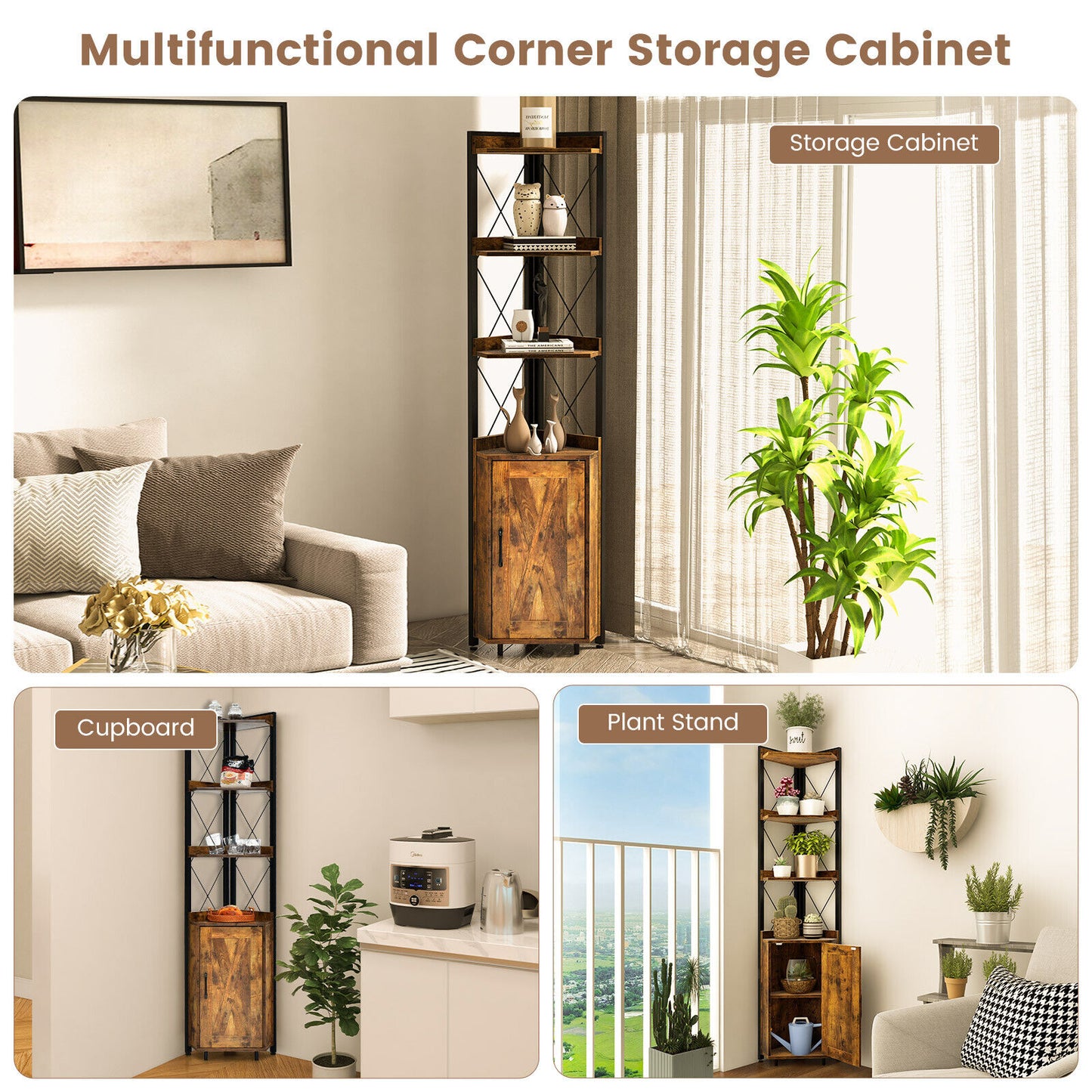 Tall Corner Storage Cabinet with 3-Tier Shelf and Enclosed Cabinet-Rustic Brown Kids Crystal