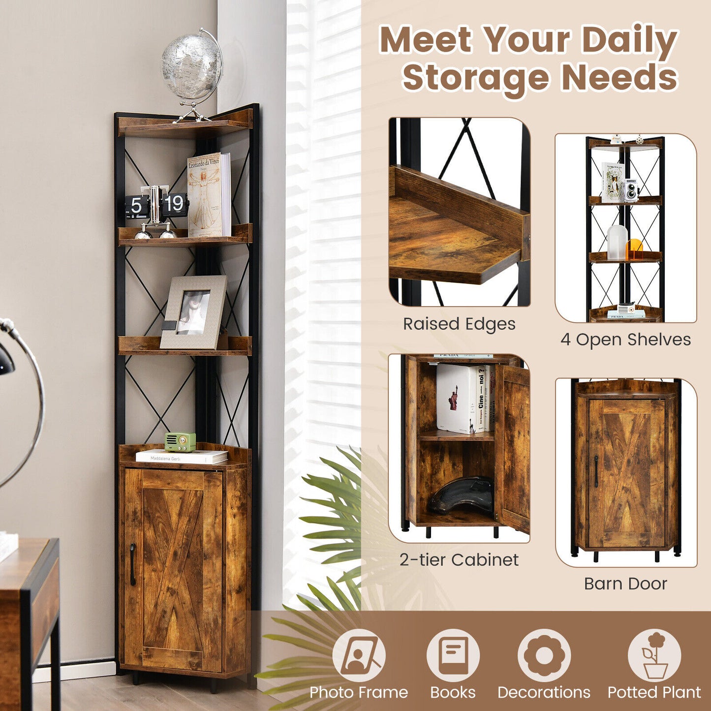 Tall Corner Storage Cabinet with 3-Tier Shelf and Enclosed Cabinet-Rustic Brown Kids Crystal