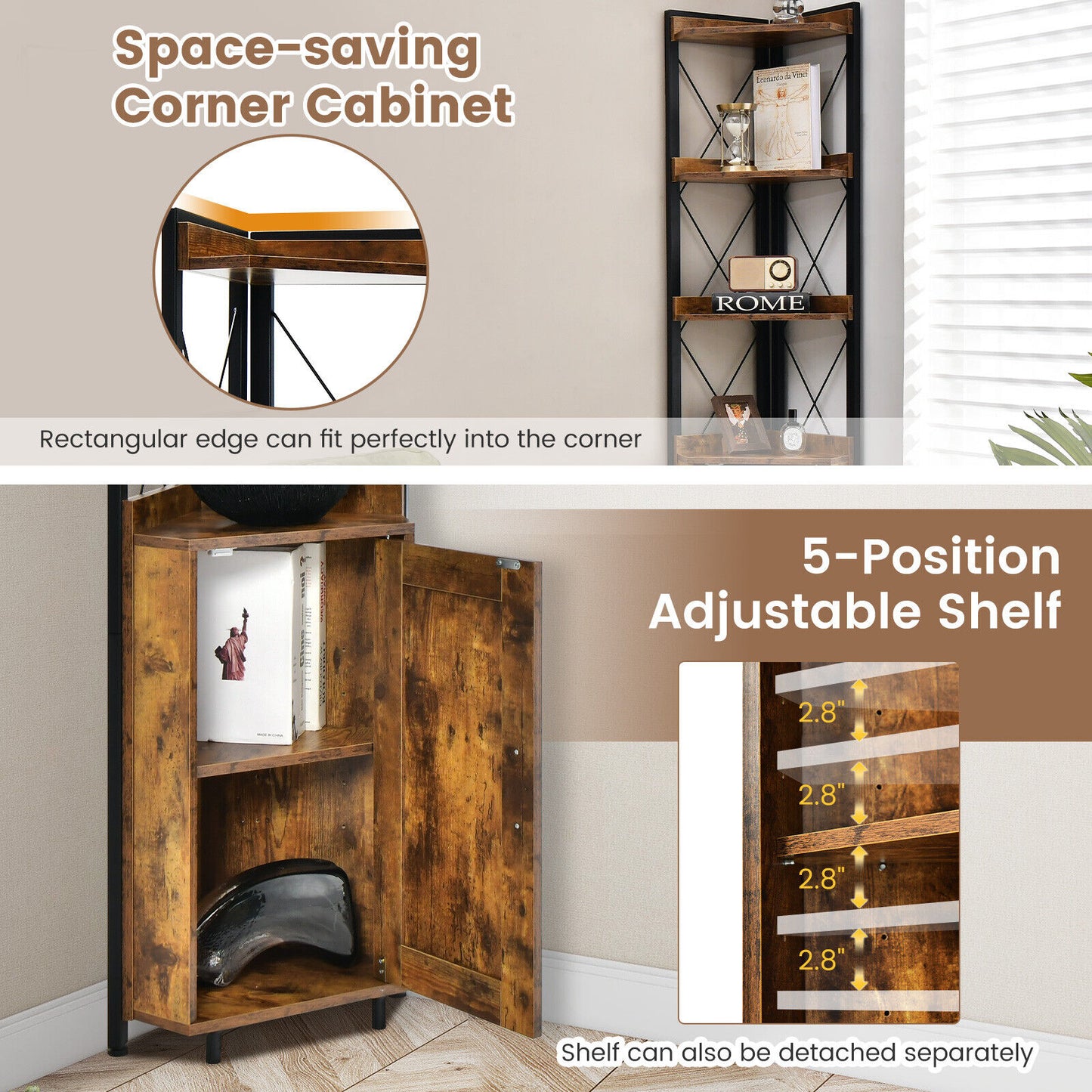 Tall Corner Storage Cabinet with 3-Tier Shelf and Enclosed Cabinet-Rustic Brown Kids Crystal