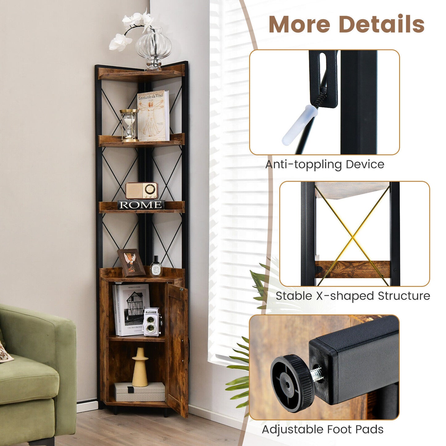 Tall Corner Storage Cabinet with 3-Tier Shelf and Enclosed Cabinet-Rustic Brown Kids Crystal