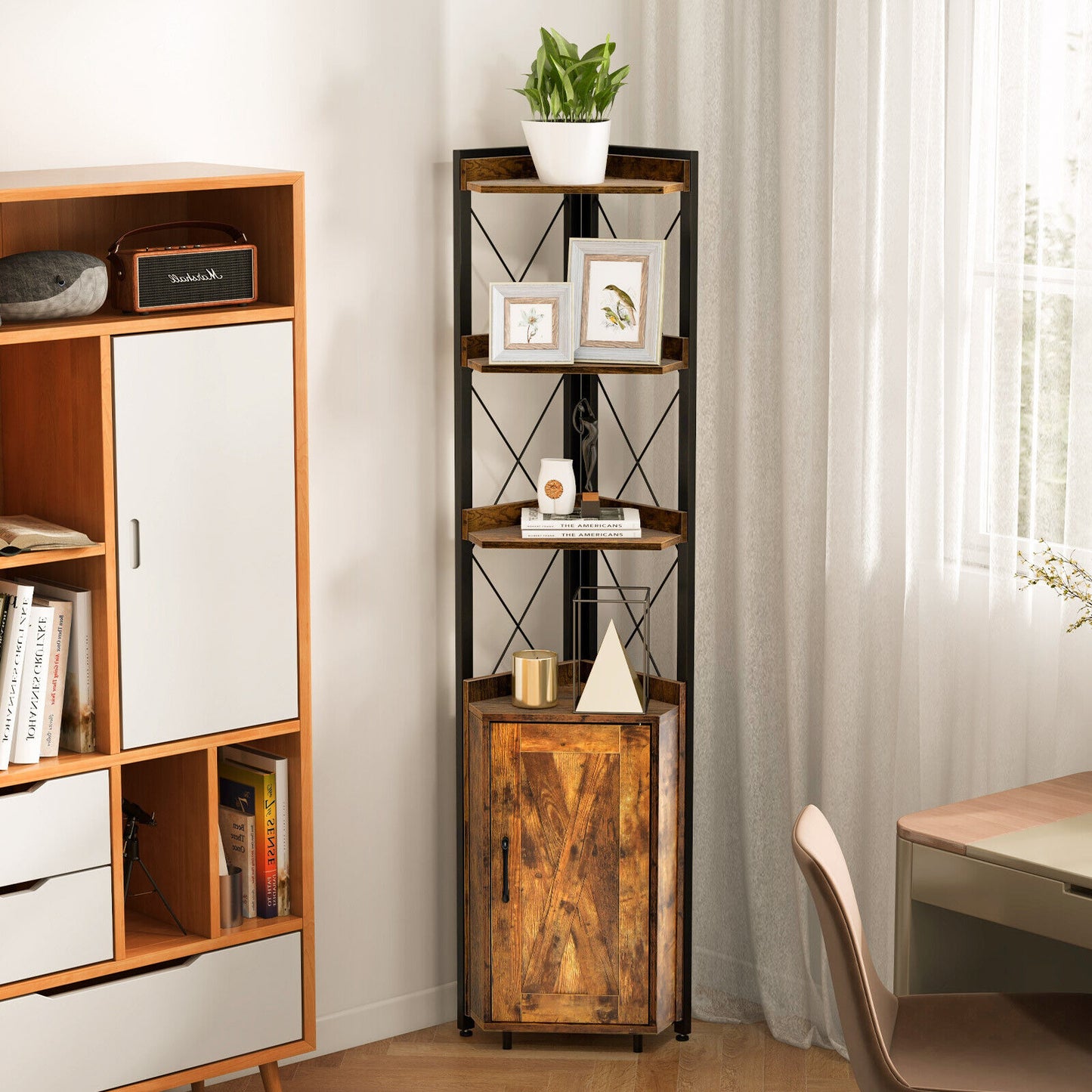Tall Corner Storage Cabinet with 3-Tier Shelf and Enclosed Cabinet-Rustic Brown Kids Crystal