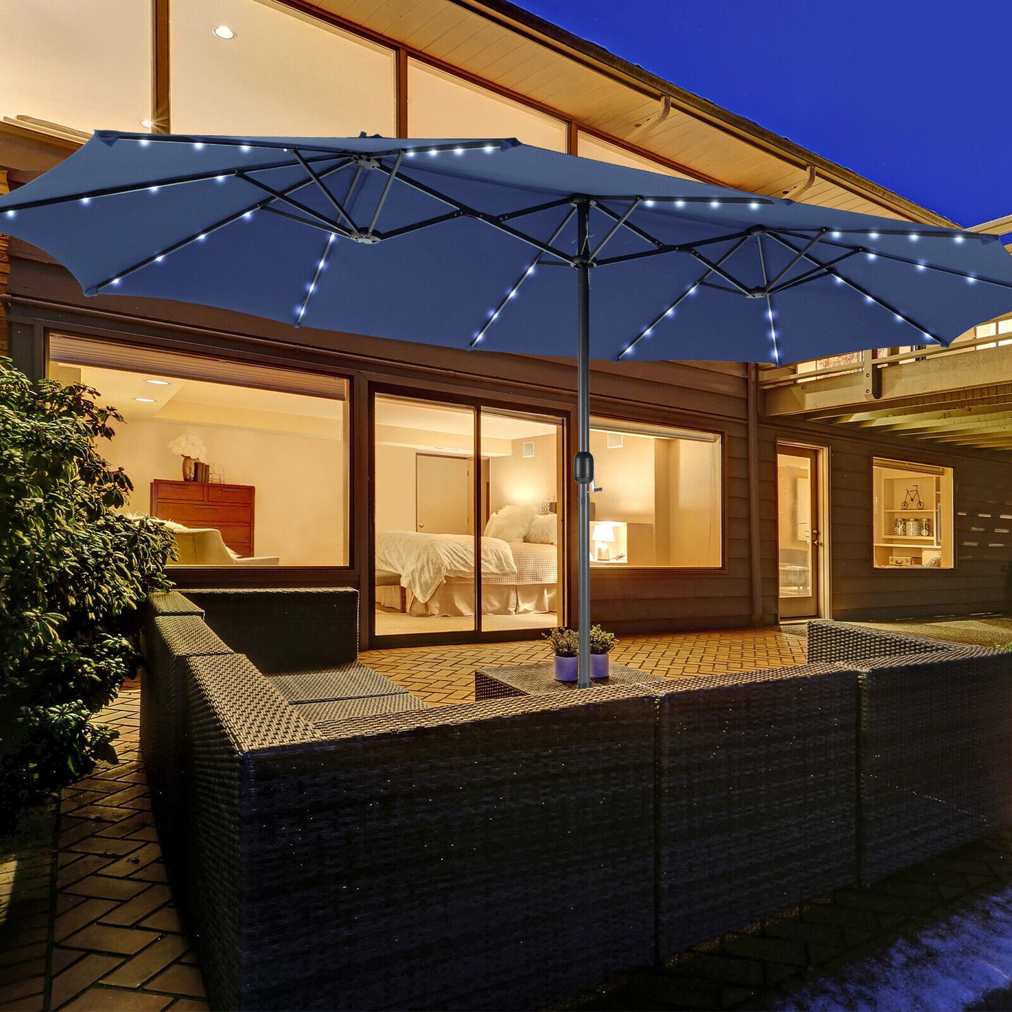 15 Feet Twin Patio Umbrella with 48 Solar LED Lights-Navy Kids Crystal