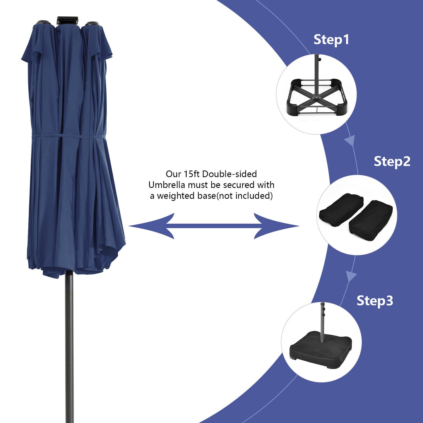 15 Feet Twin Patio Umbrella with 48 Solar LED Lights-Navy Kids Crystal